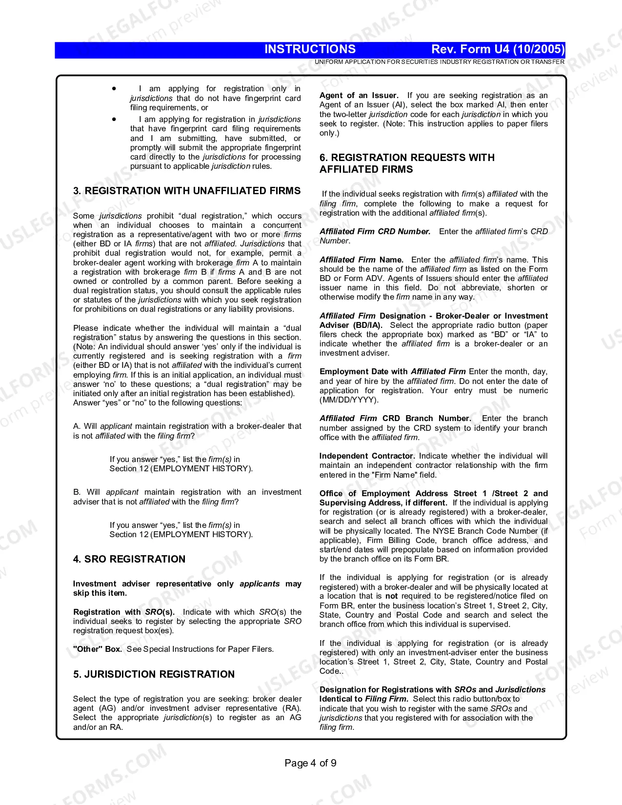 Preview Uniform Application for Securities Industry Registration of Transfer Instructions (Form U4)