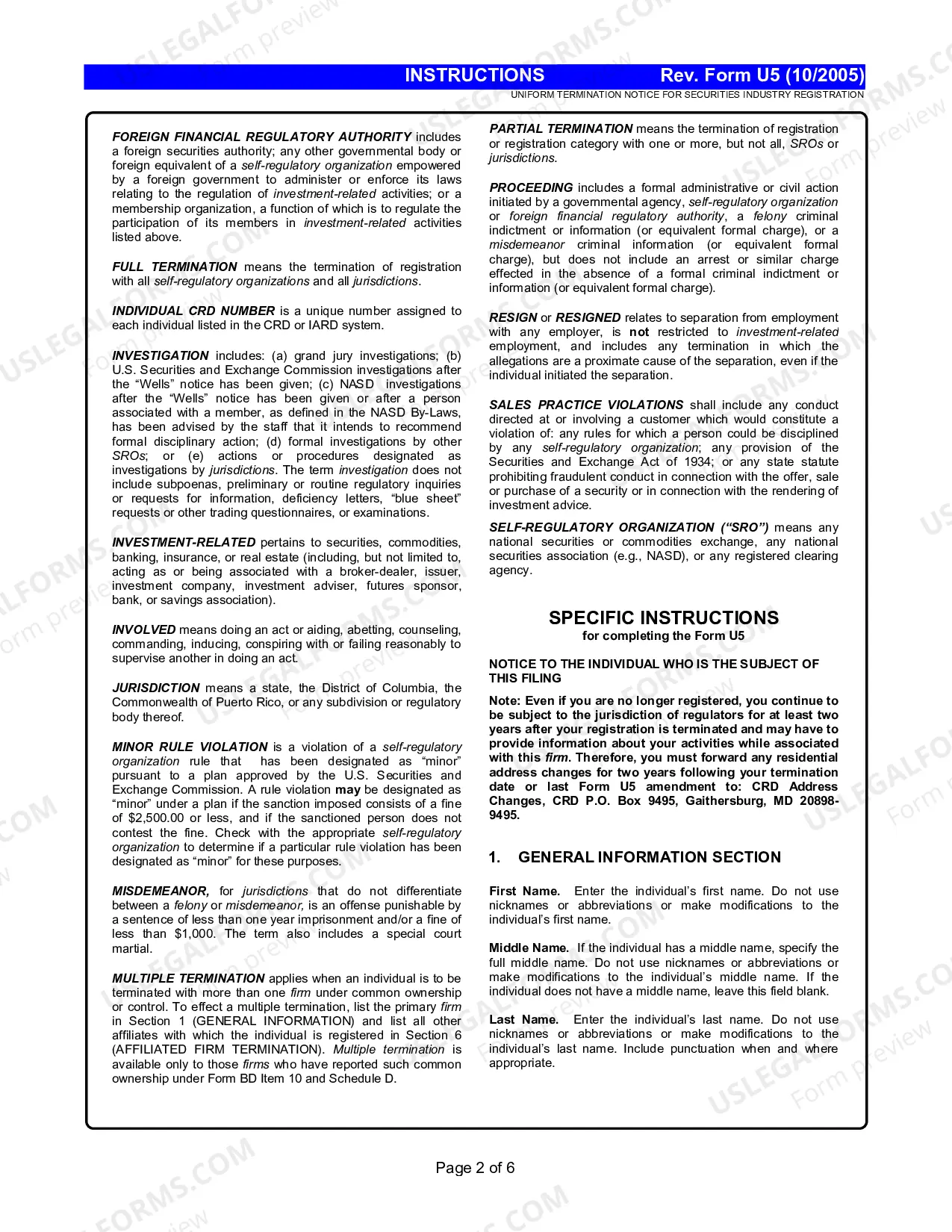Preview Uniform Termination Notice for Securities Industry Registration Instructions (Form U5)