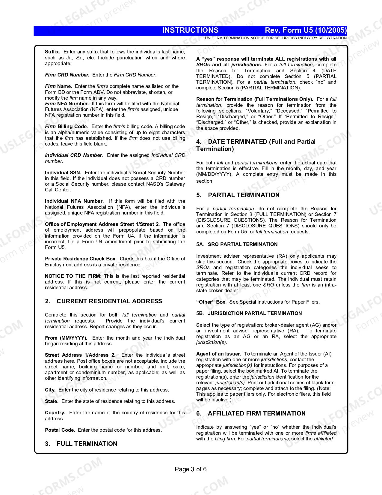 Preview Uniform Termination Notice for Securities Industry Registration Instructions (Form U5)