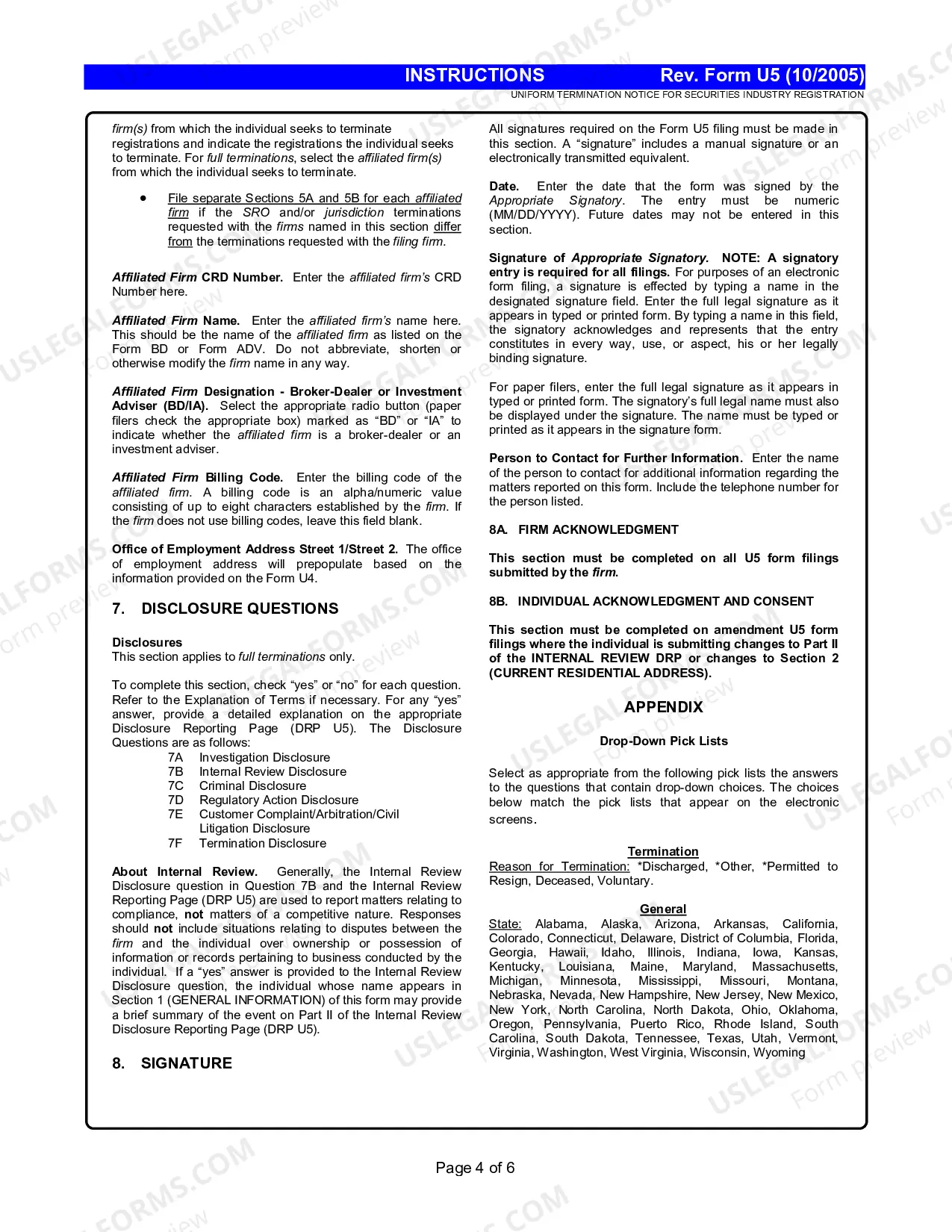 Preview Uniform Termination Notice for Securities Industry Registration Instructions (Form U5)