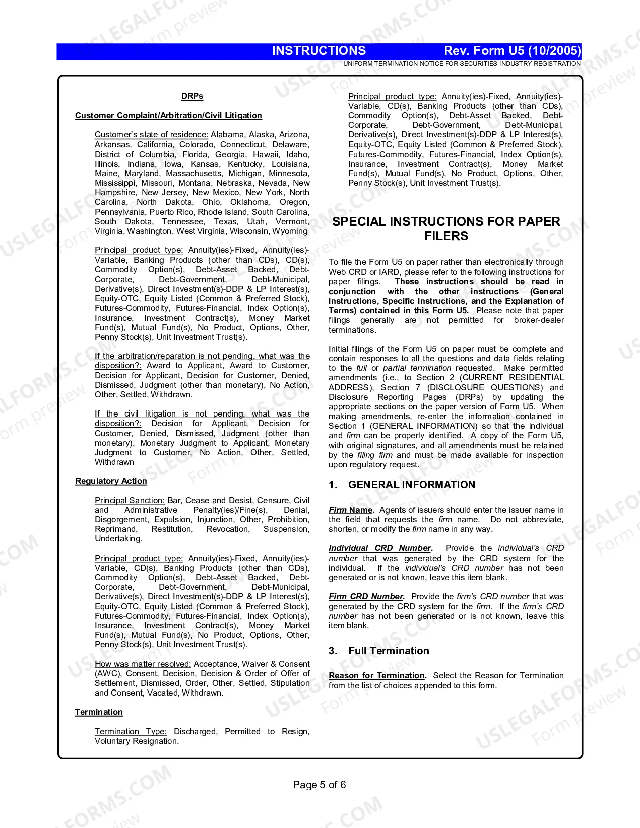 Preview Uniform Termination Notice for Securities Industry Registration Instructions (Form U5)