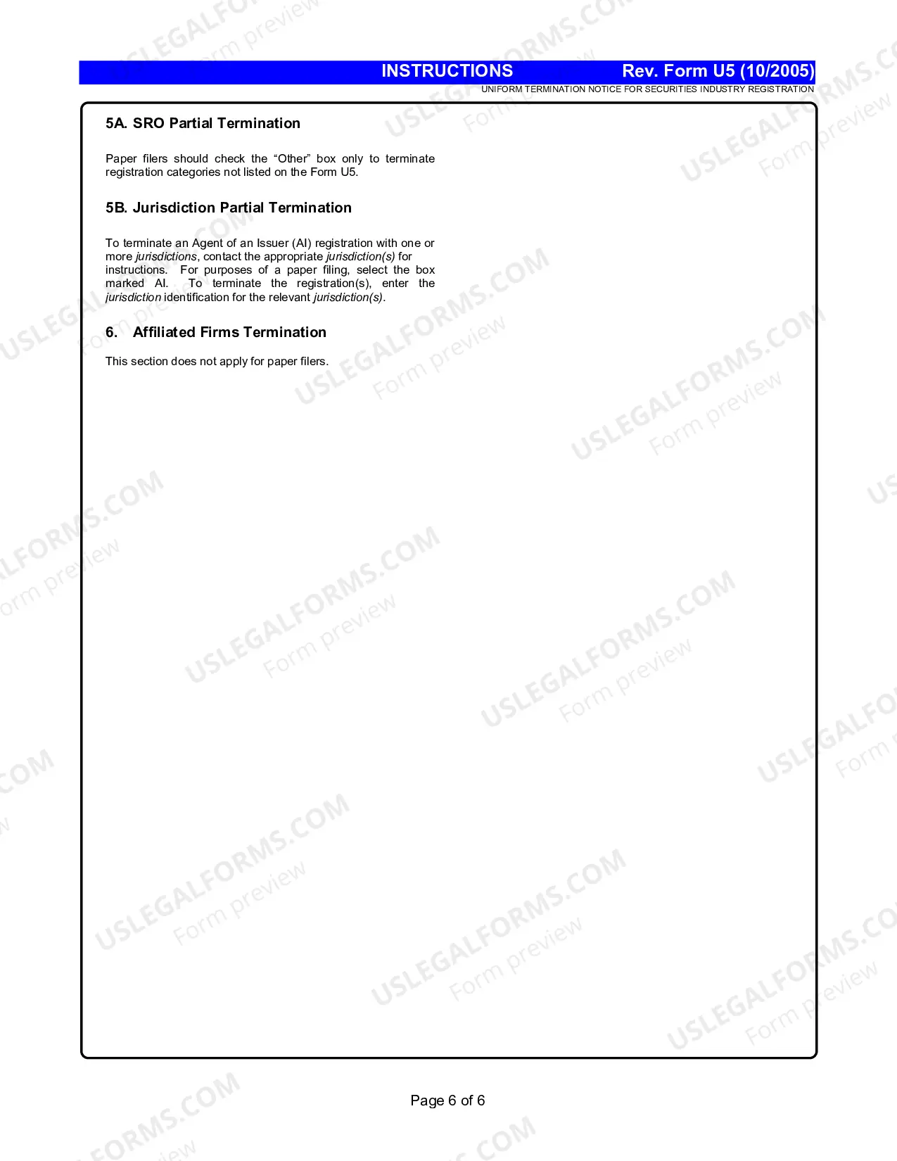Preview Uniform Termination Notice for Securities Industry Registration Instructions (Form U5)