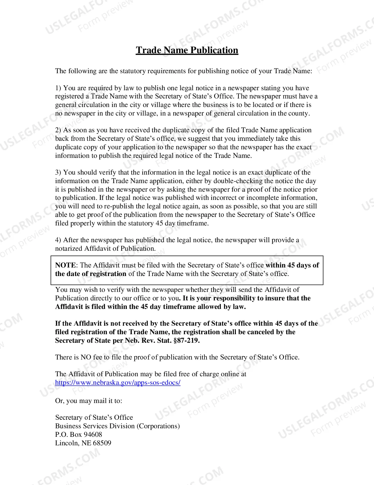 Preview Application For Registration of Trade Name