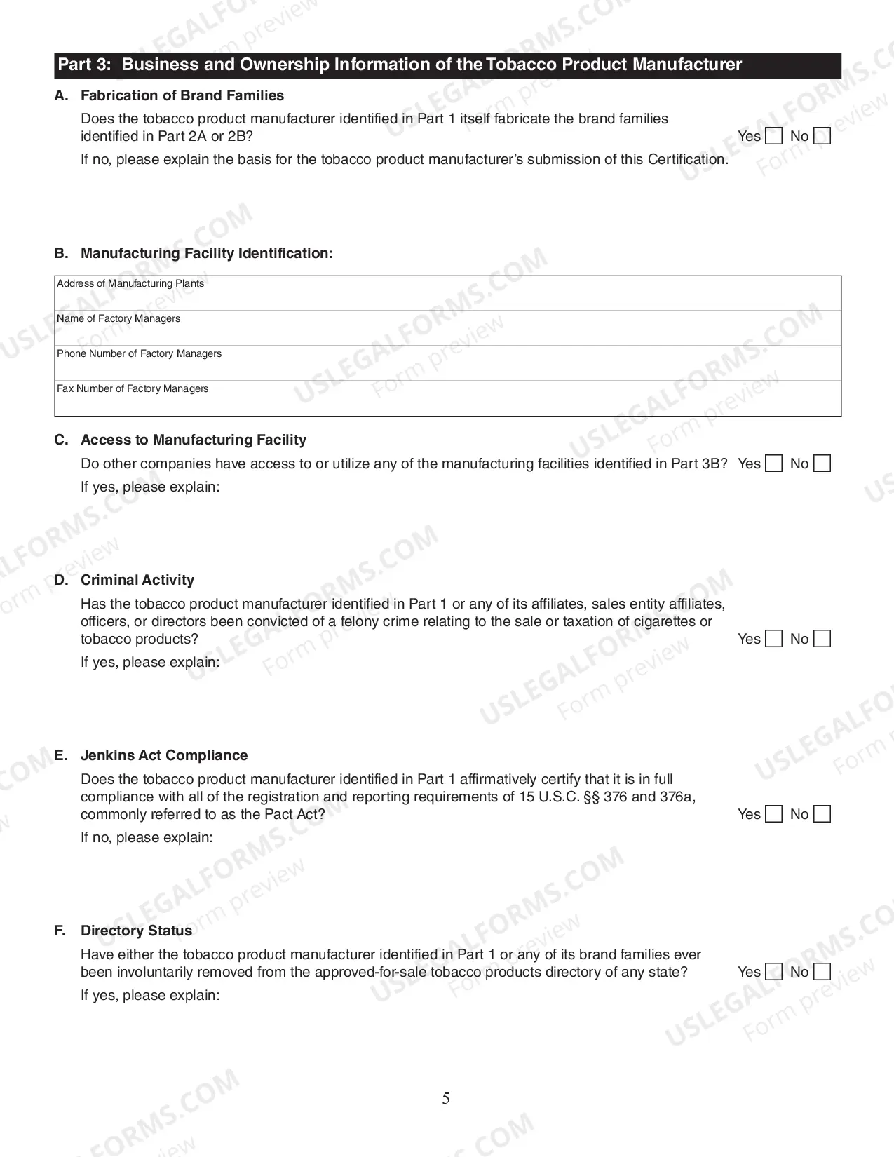 Preview Tobacco Manufacturer Certification Form