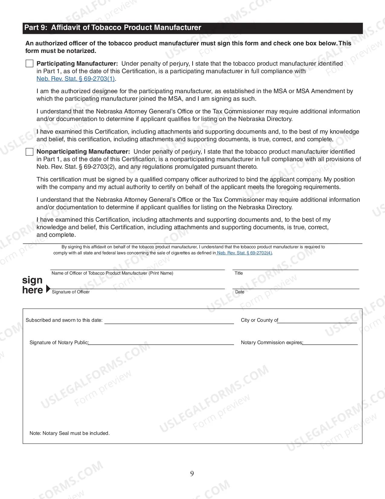 Preview Tobacco Manufacturer Certification Form