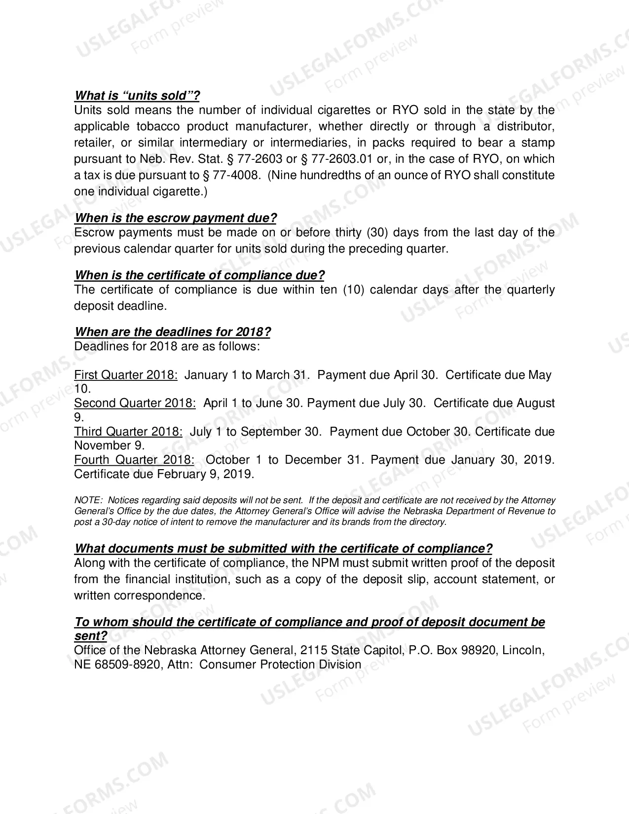 Preview Instructions for Quarterly Escrow Certificate and Certificate of Compliance