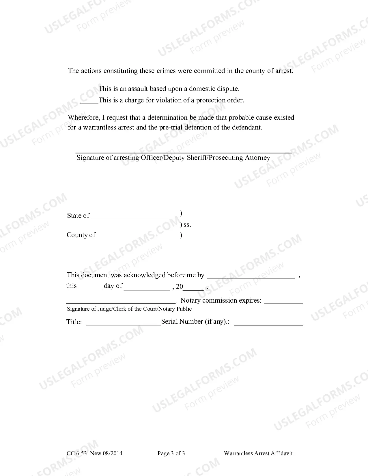 Preview Warrantless Arrest Affidavit