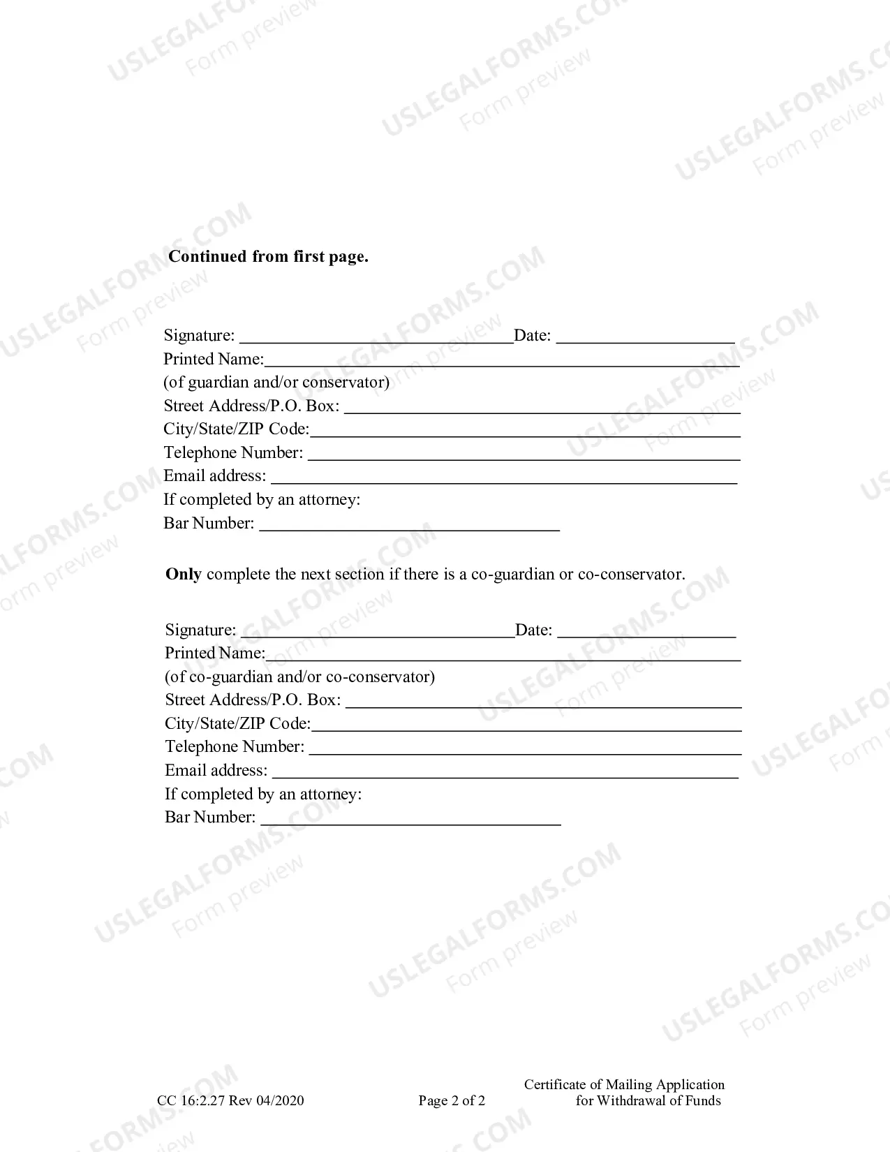 Preview Certificate of Mailing Application For Withdrawal of Funds