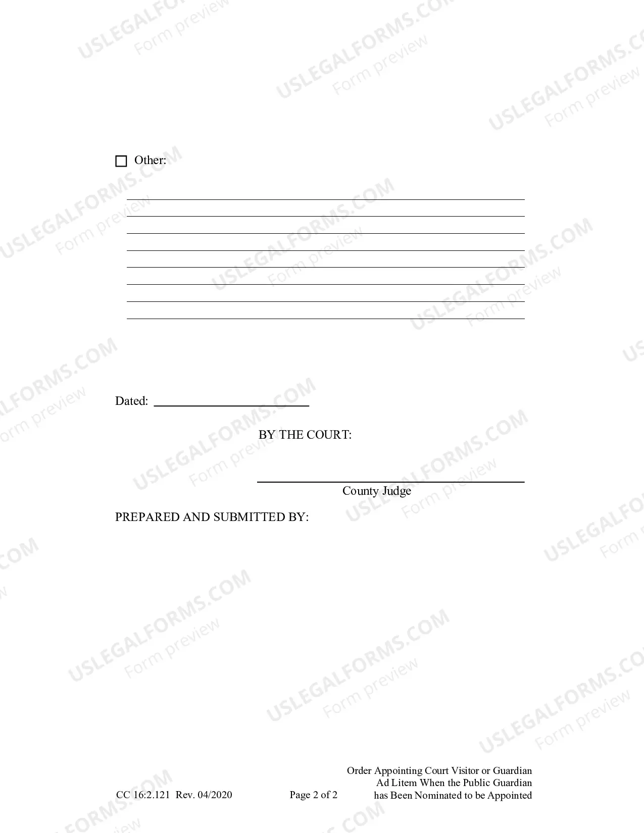 Preview Order Appointing Court Visitor Or Guardian Ad Litem When The Public Guardian Is Nominated To Be Appointed