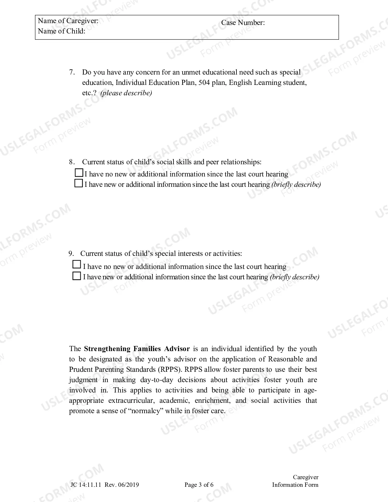 Preview Caregiver Information Form