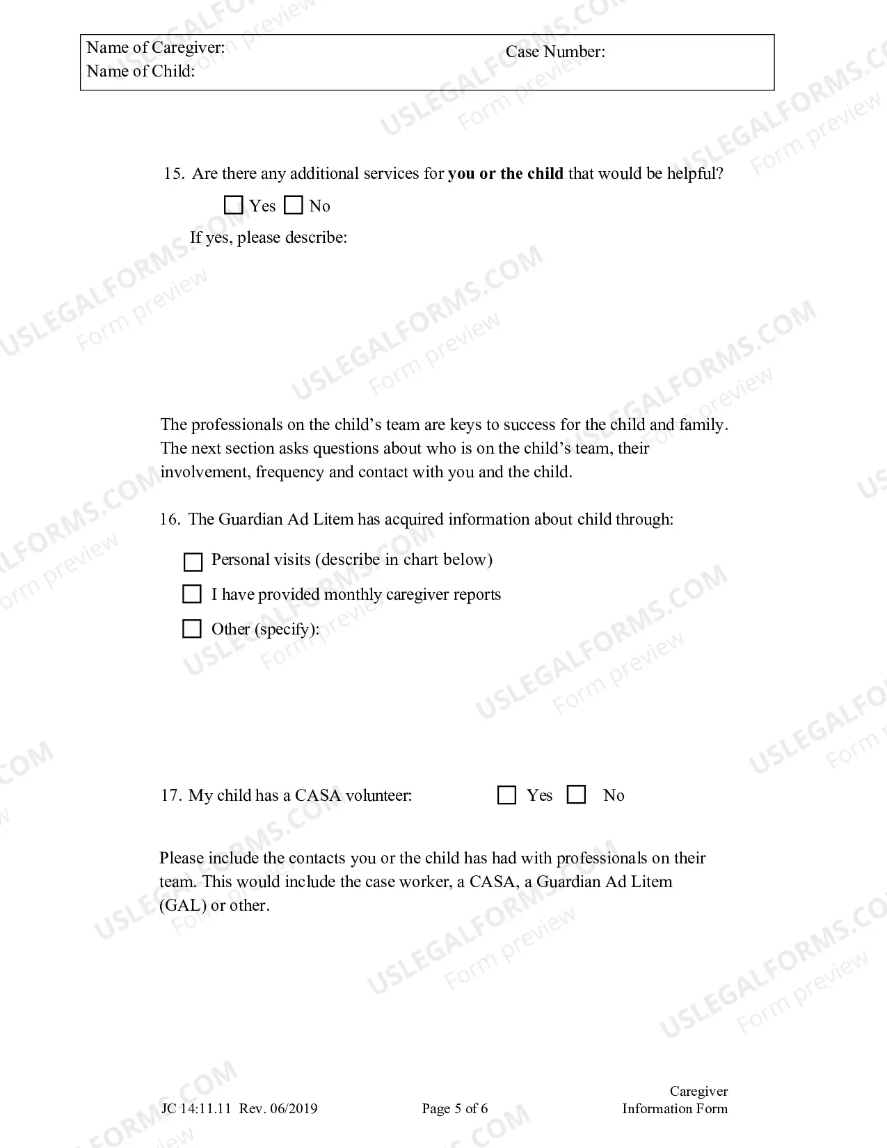 Preview Caregiver Information Form