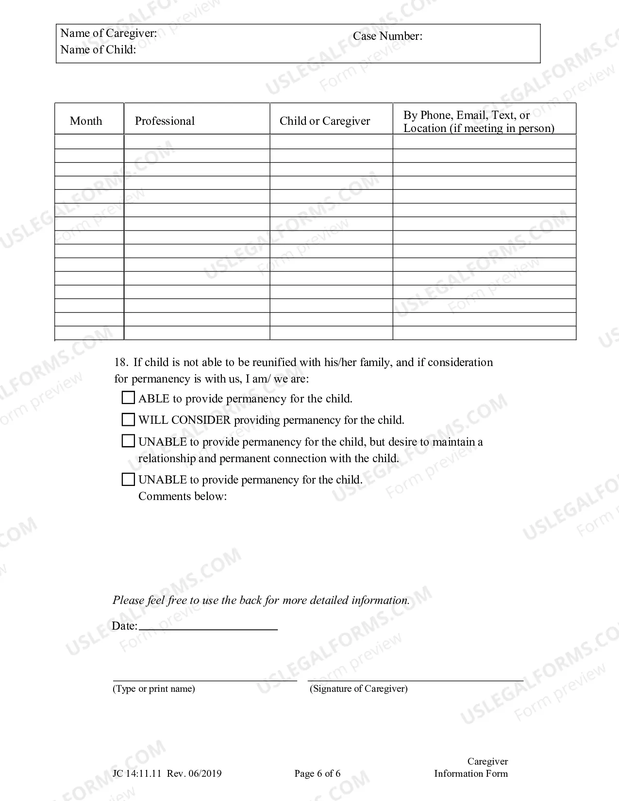 Preview Caregiver Information Form