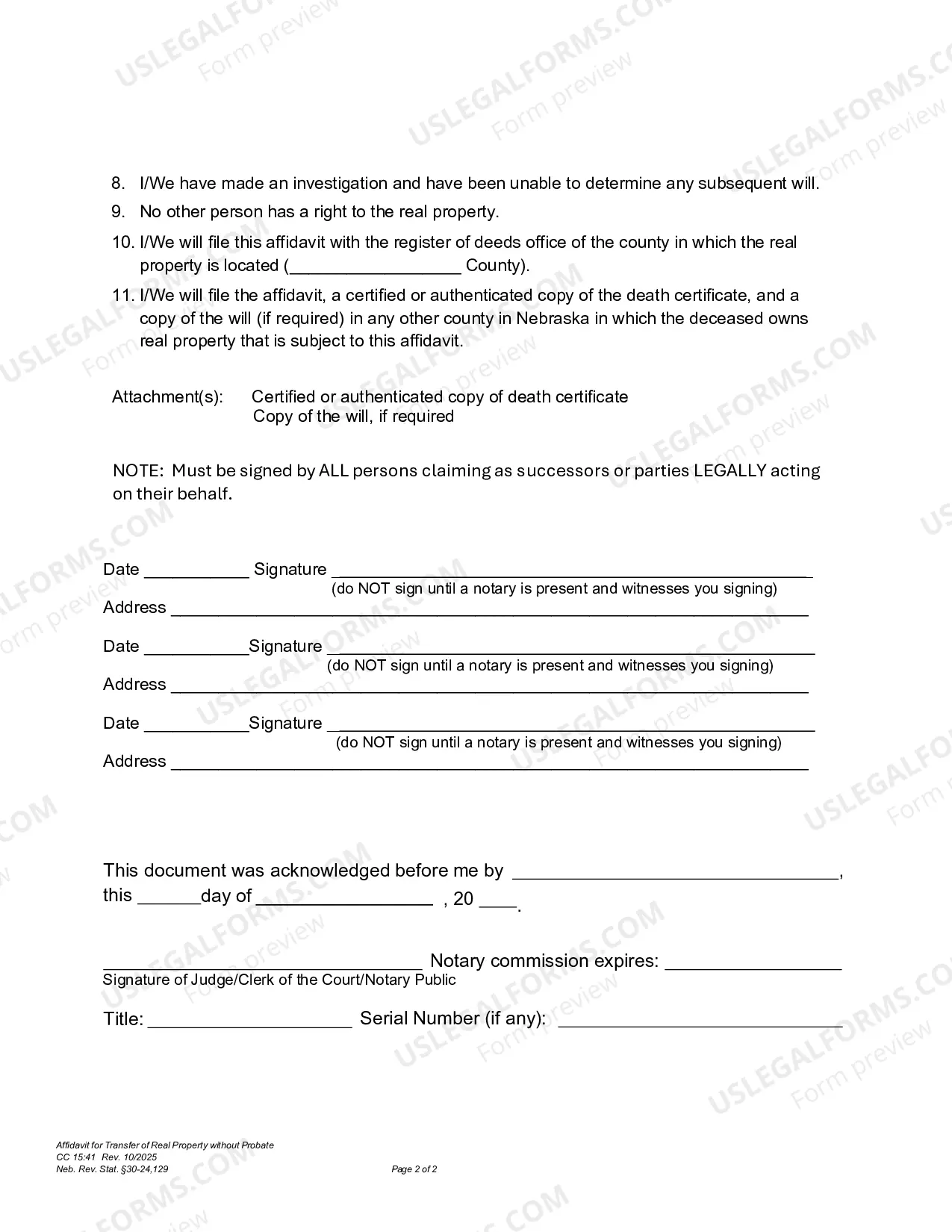 Preview Affidavit For Transfer of Real Property Without Probate