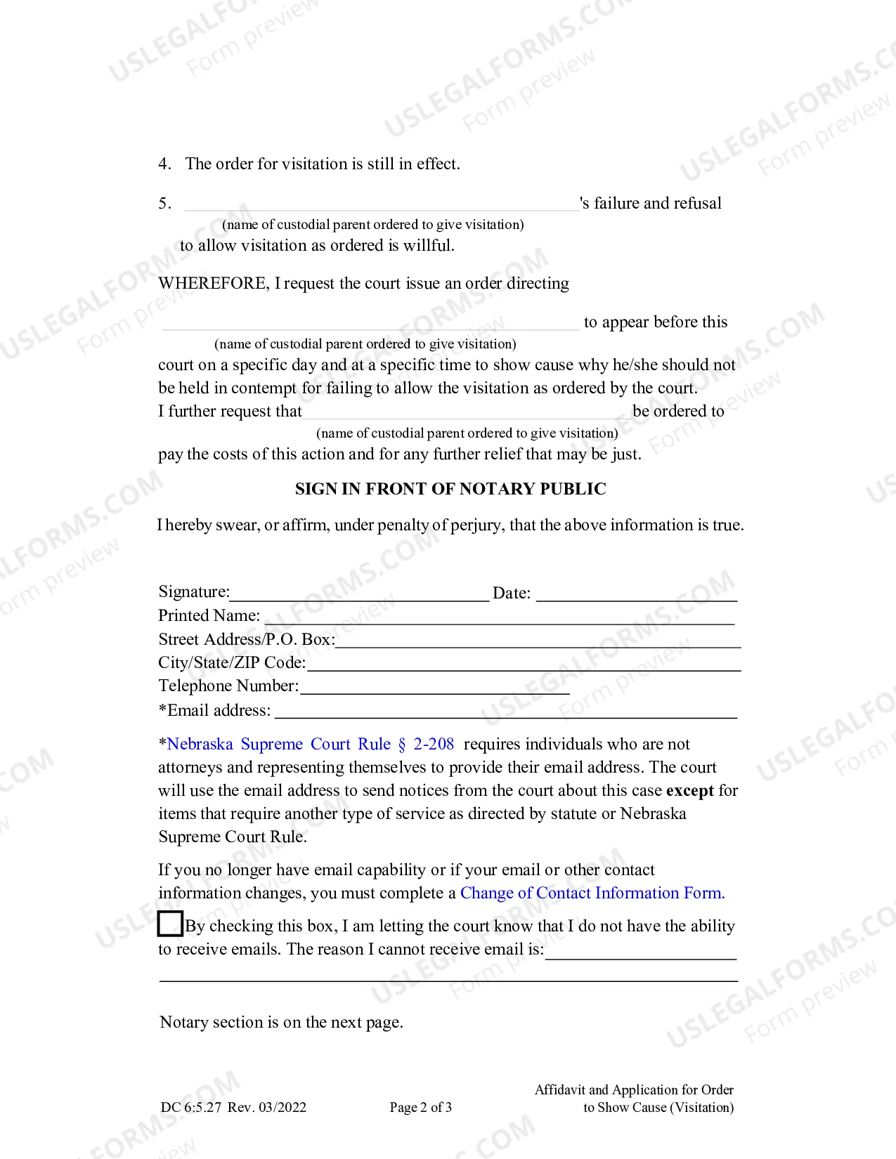 Preview Affidavit and Application for Order to Show Cause (Visitation)