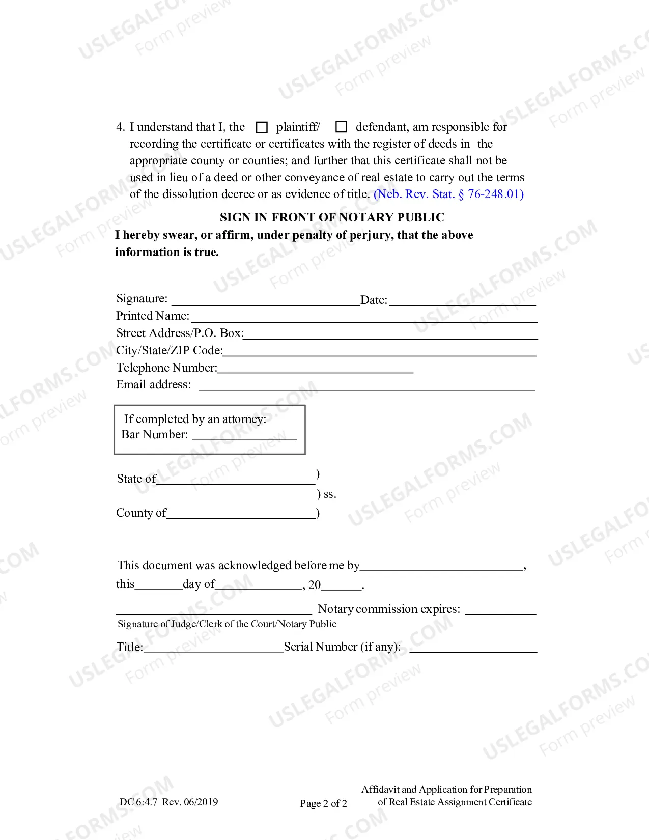 Preview Affidavit and Application for Preparation of Real Estate Assignment Certificate