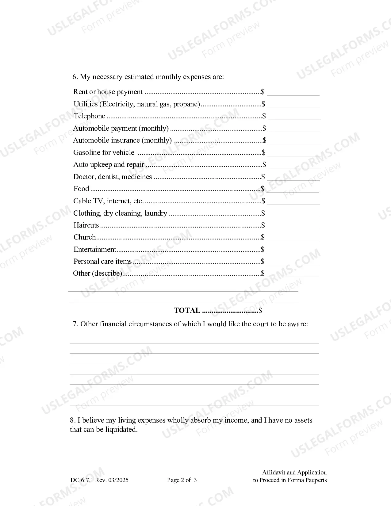 Preview Affidavit and Application to Proceed In Forma Pauperis (English)