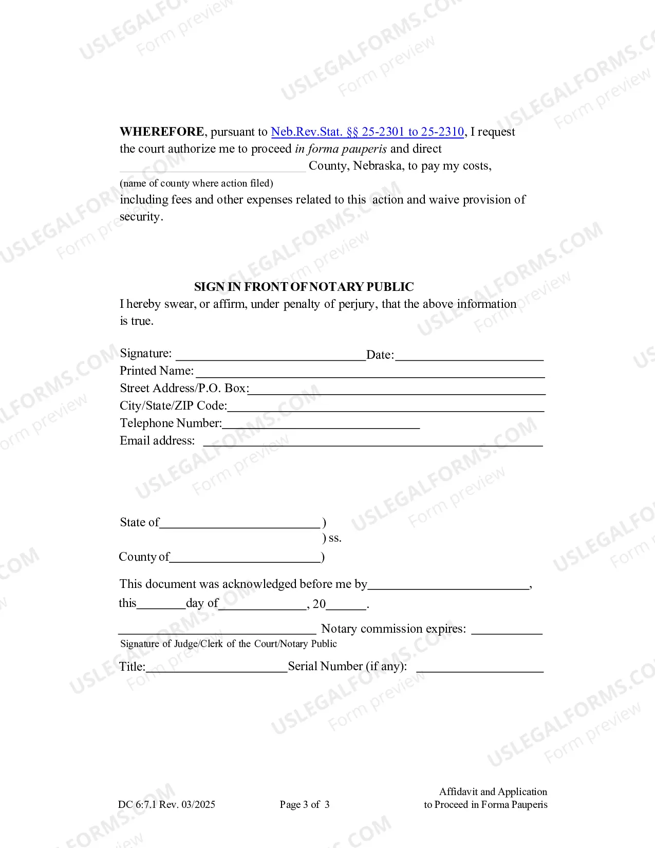 Preview Affidavit and Application to Proceed In Forma Pauperis (English)
