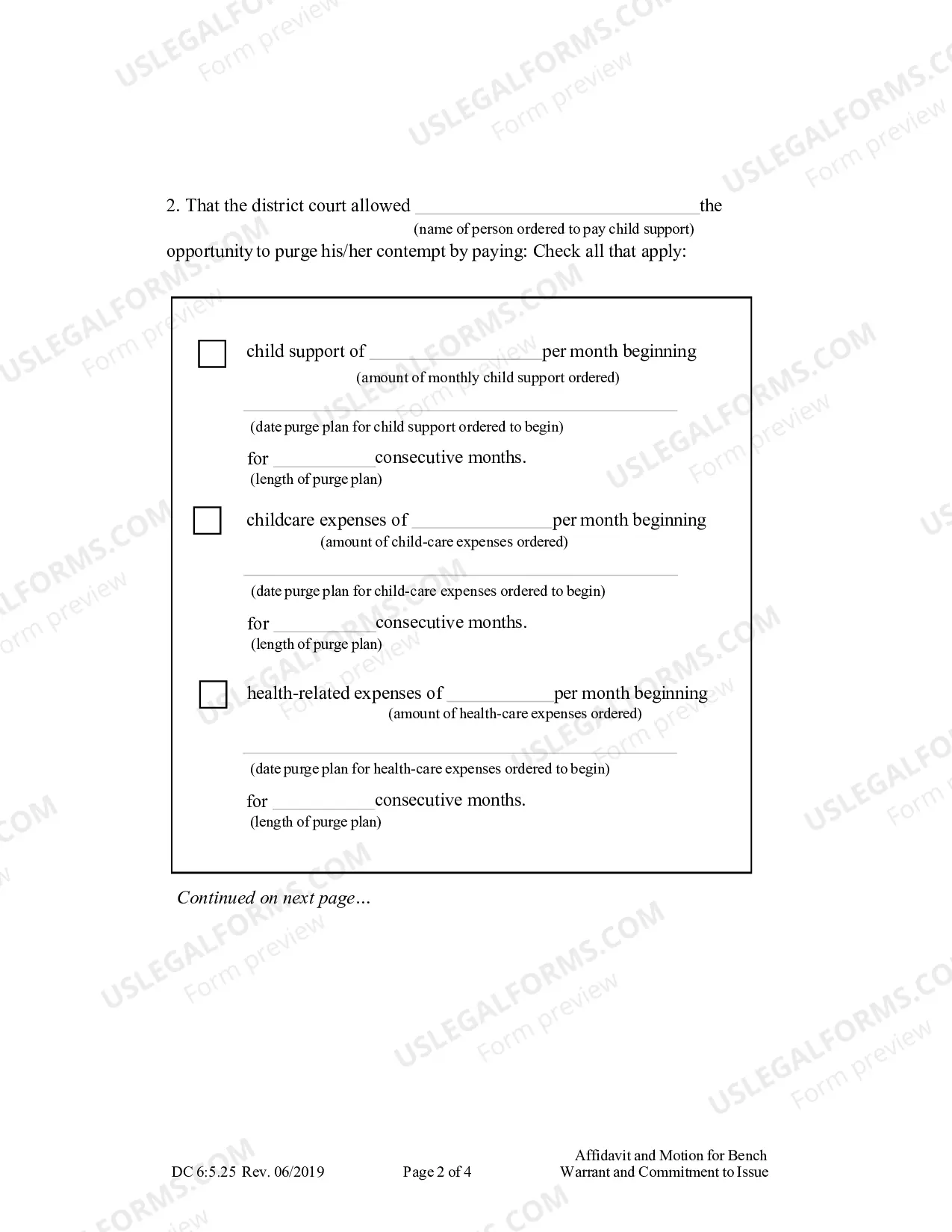 Preview Affidavit and Motion for Bench Warrant and Commitment to Issue (Divorce)
