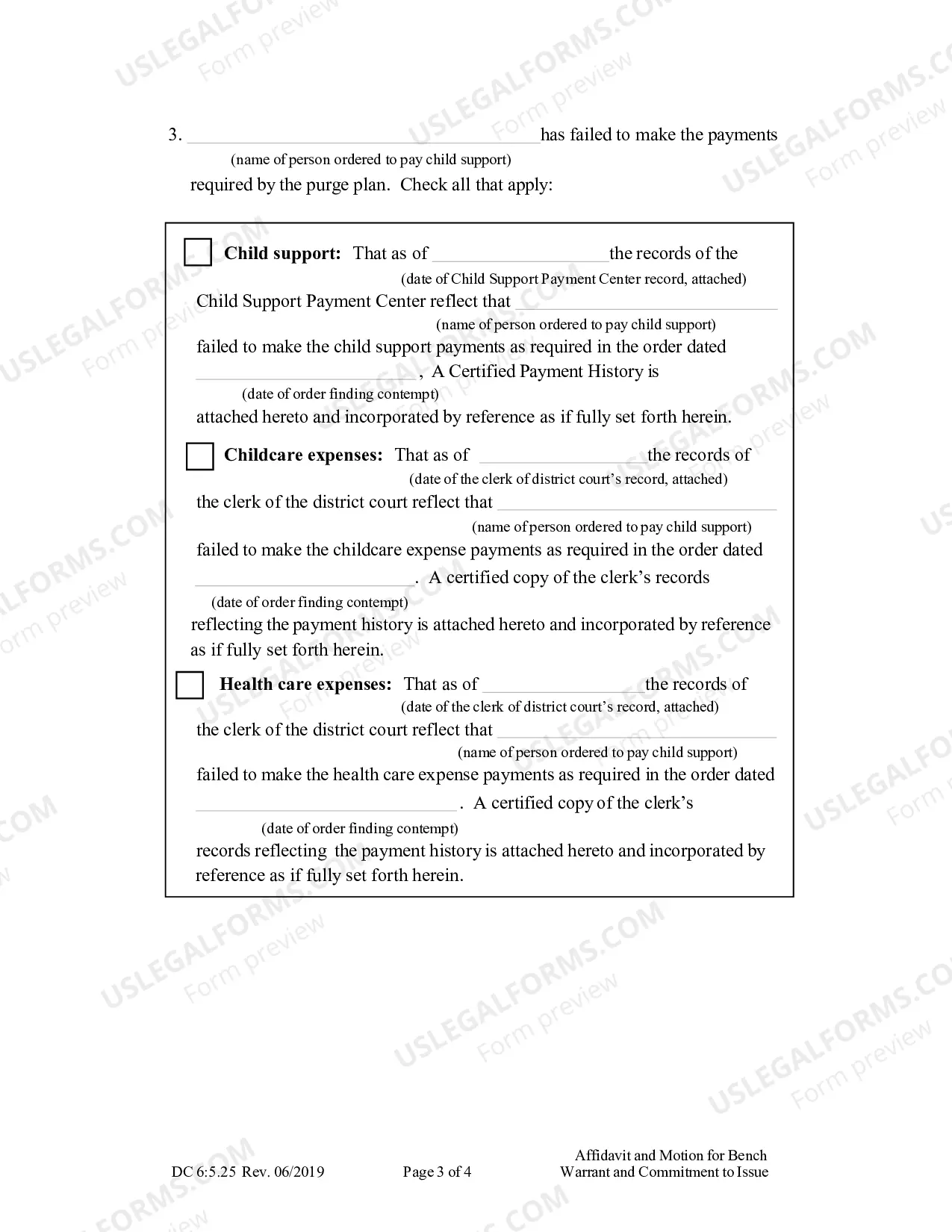 Preview Affidavit and Motion for Bench Warrant and Commitment to Issue (Divorce)