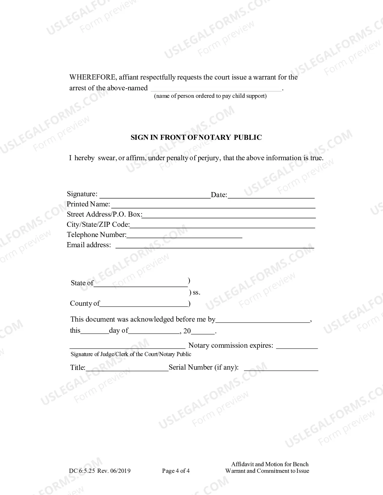 Preview Affidavit and Motion for Bench Warrant and Commitment to Issue (Divorce)