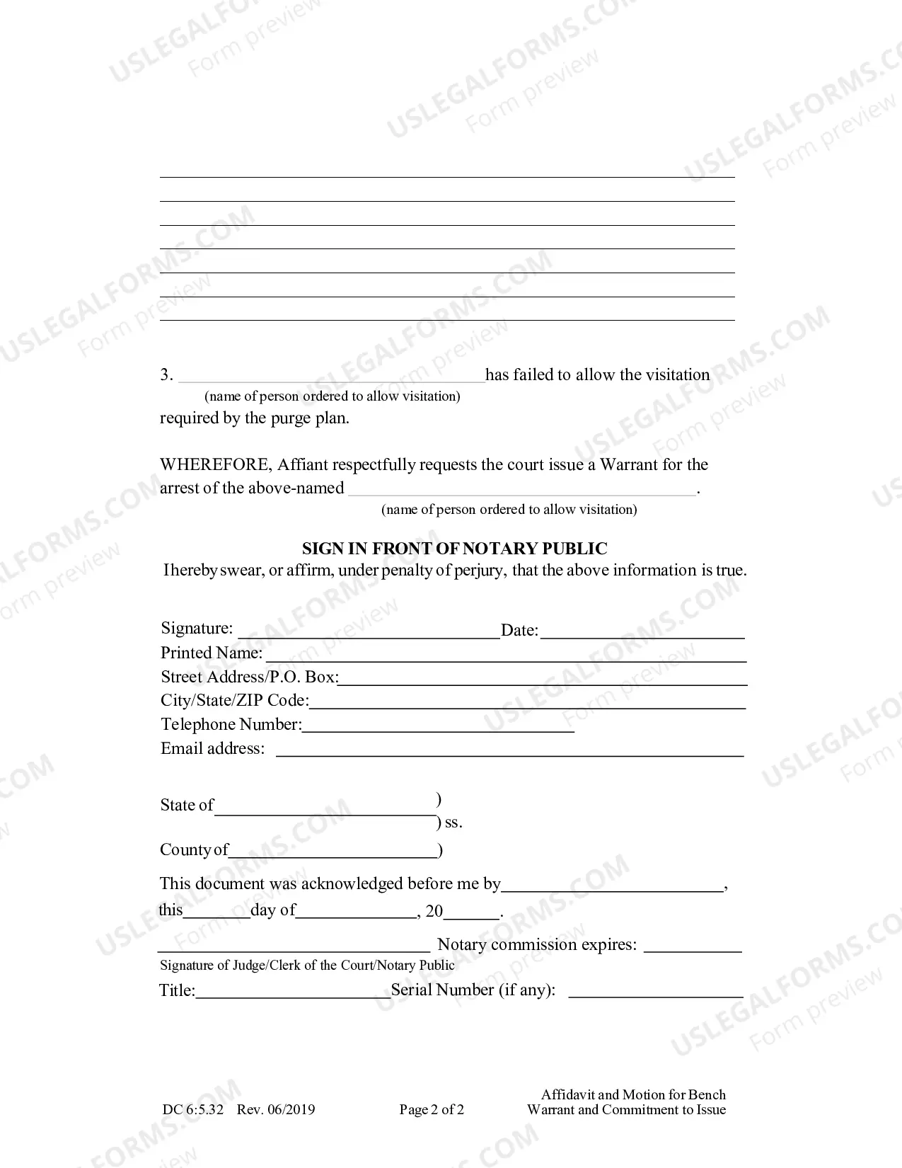 Preview Affidavit and Motion for Bench Warrant and Commitment to Issue (Visitation)