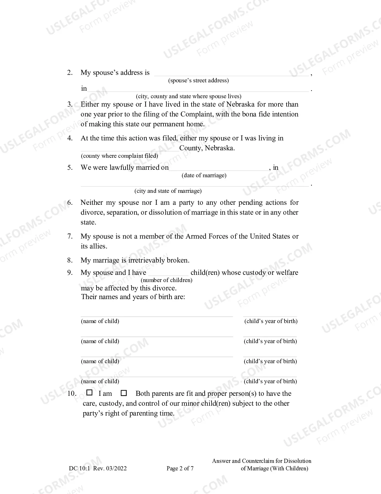 Preview Answer and Counterclaim for Dissolution of Marriage (Children)