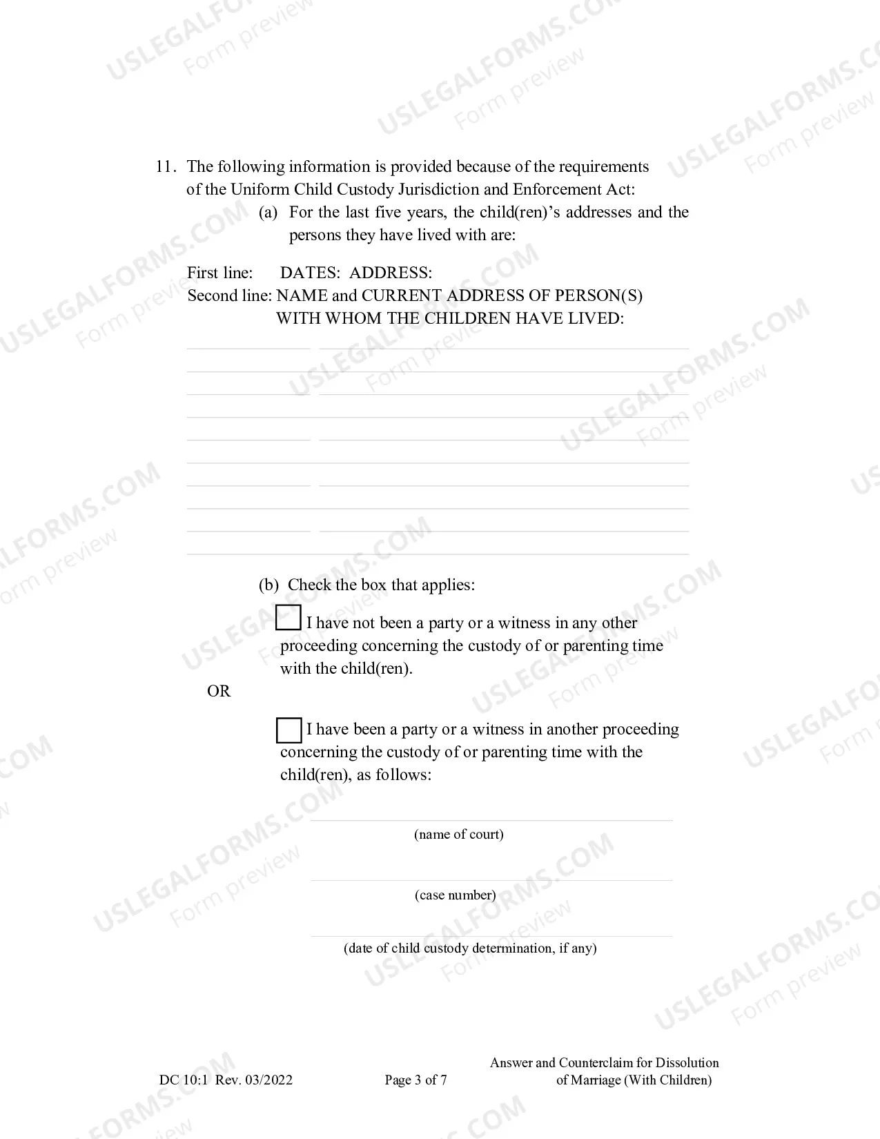 Preview Answer and Counterclaim for Dissolution of Marriage (Children)