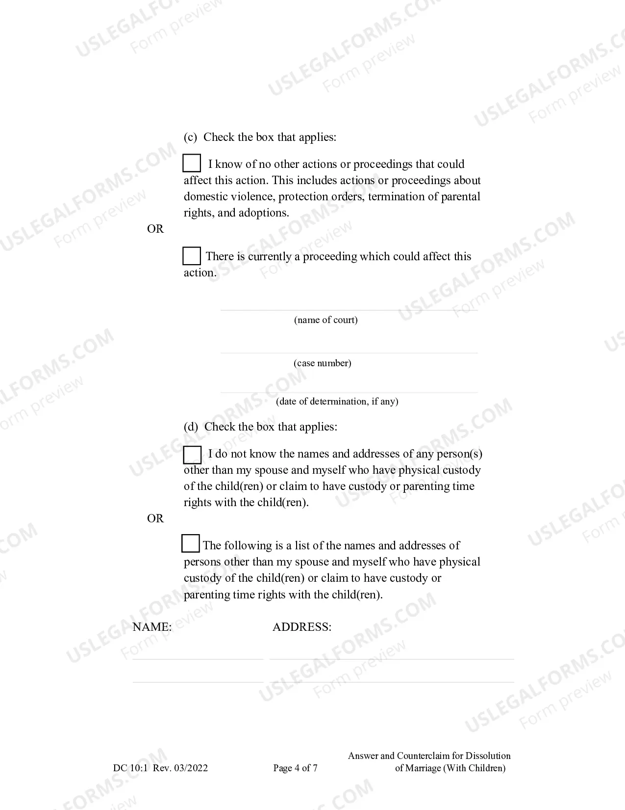Preview Answer and Counterclaim for Dissolution of Marriage (Children)