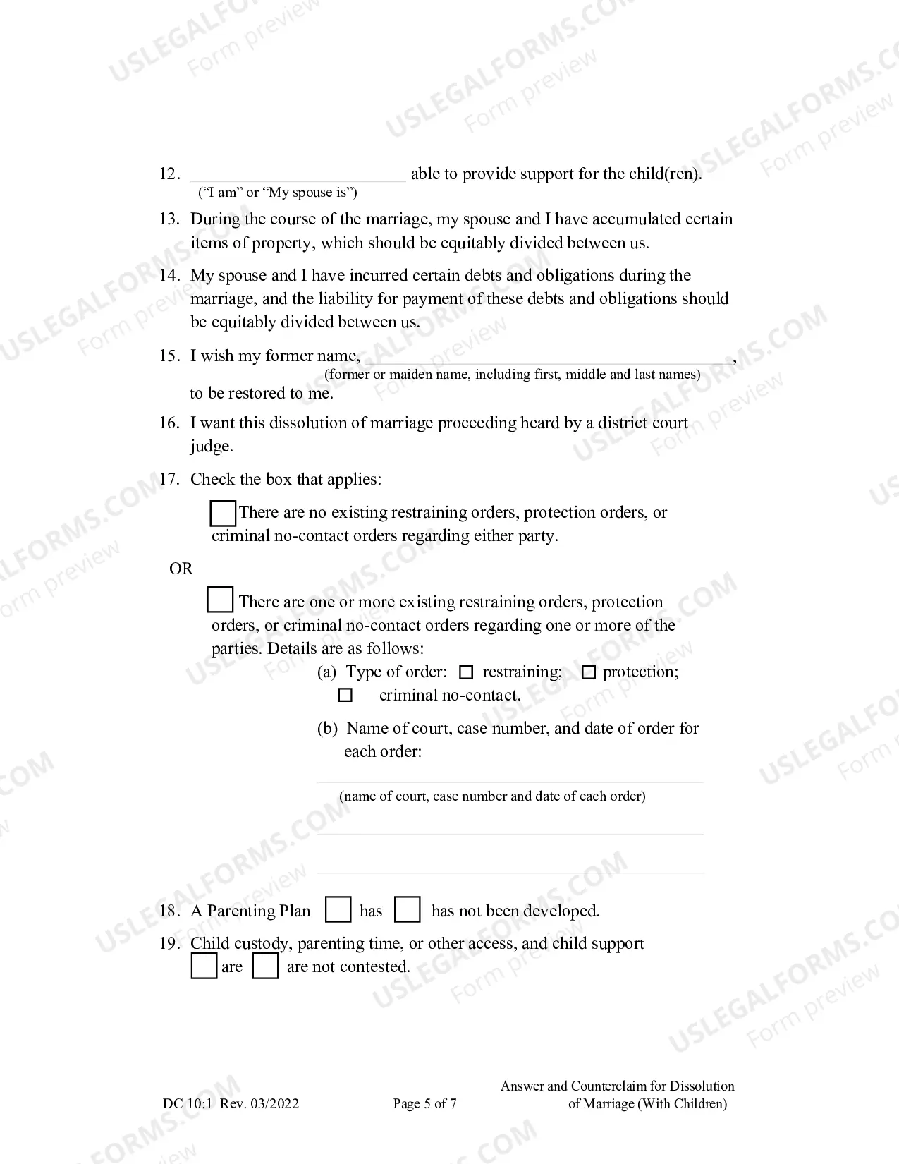Preview Answer and Counterclaim for Dissolution of Marriage (Children)