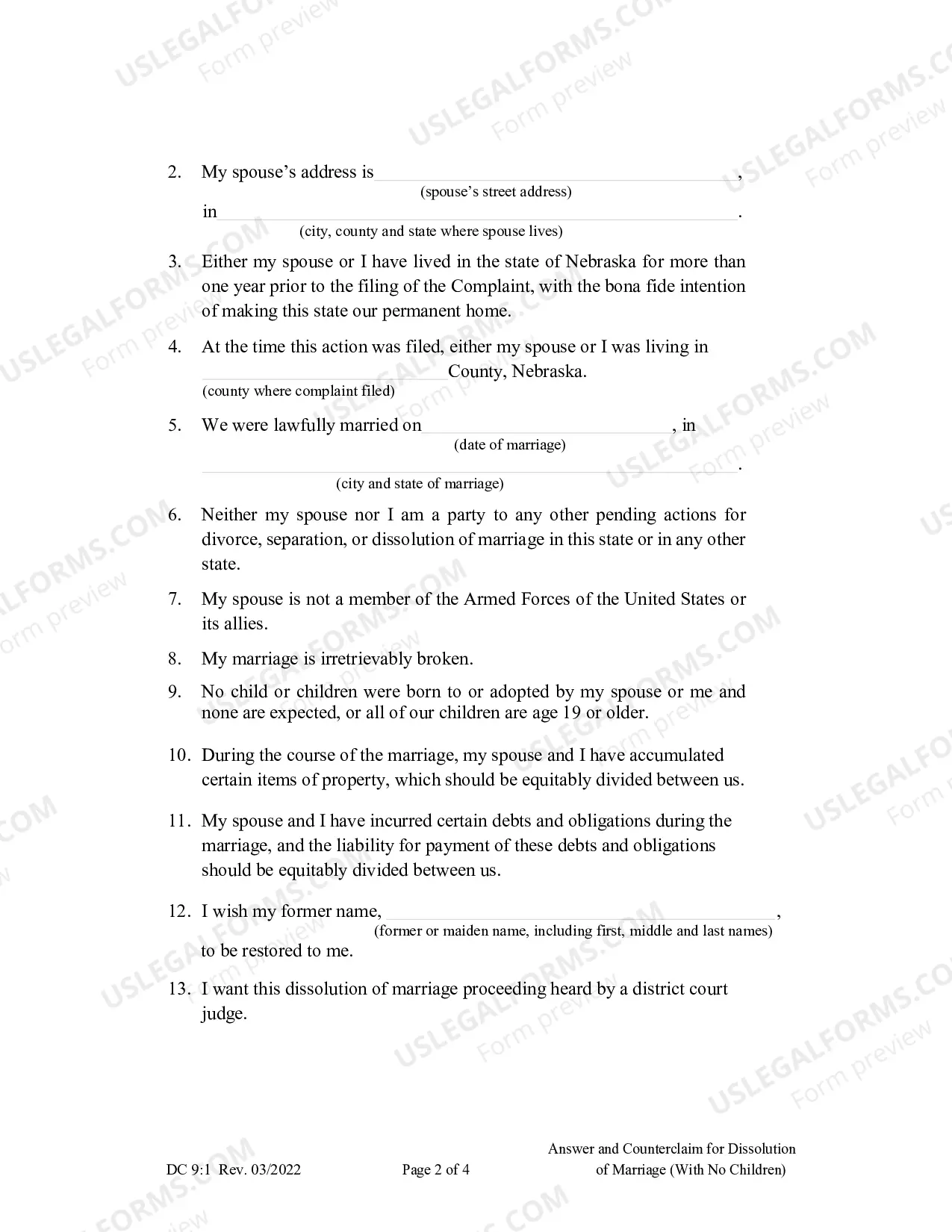 Preview Answer and Counterclaim for Dissolution of Marriage (No Children)