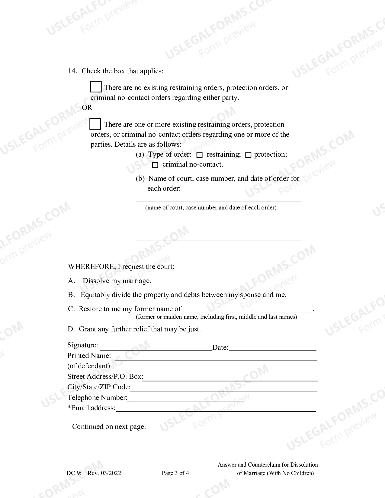 Preview Answer and Counterclaim for Dissolution of Marriage (No Children)