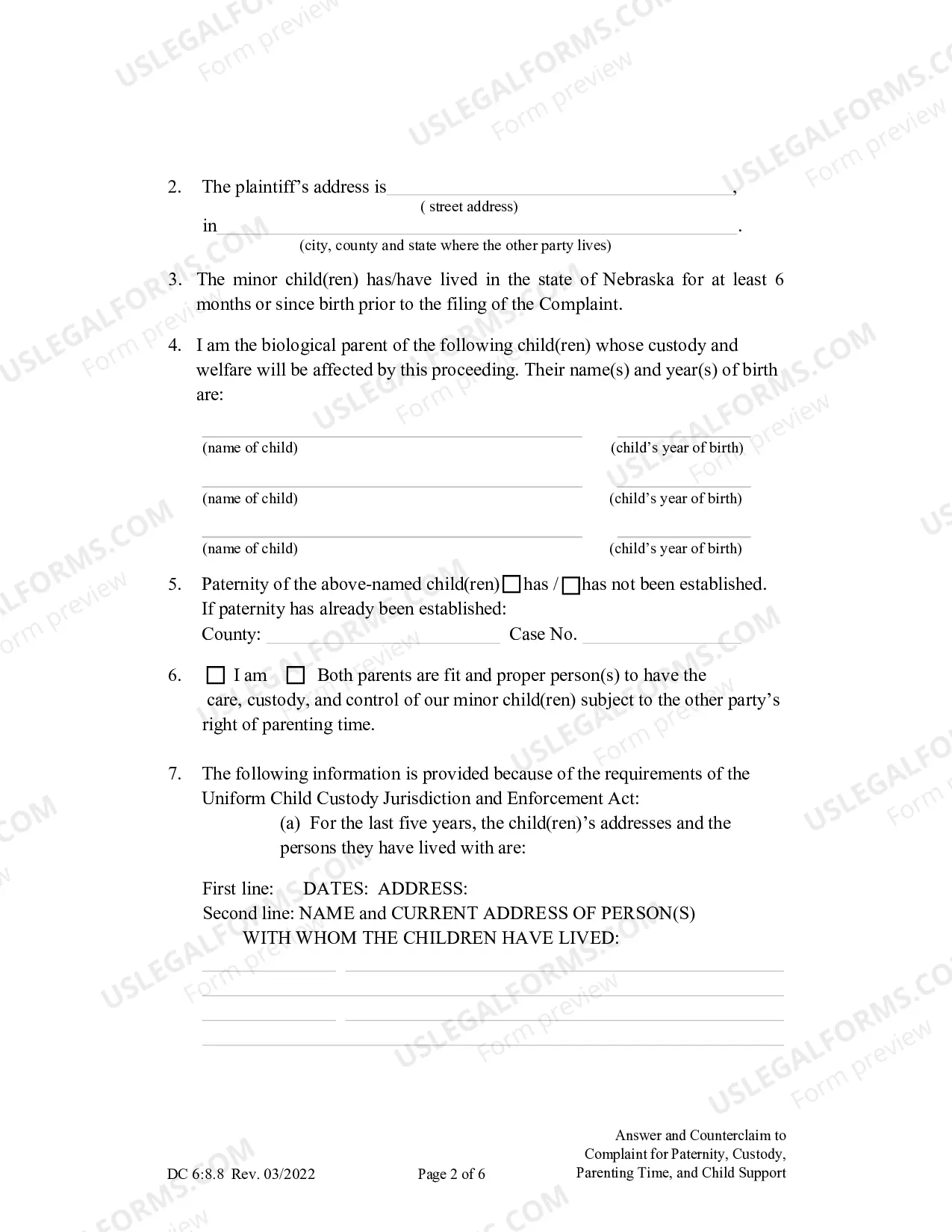 Preview Answer and Counterclaim to Complaint for Paternity, Custody, Parenting Time, and Child Support