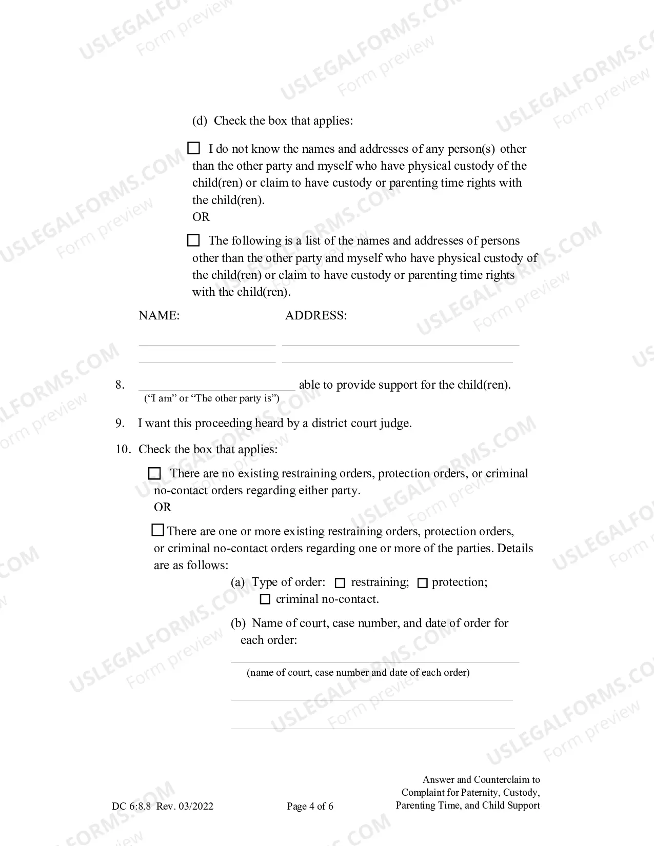 Preview Answer and Counterclaim to Complaint for Paternity, Custody, Parenting Time, and Child Support