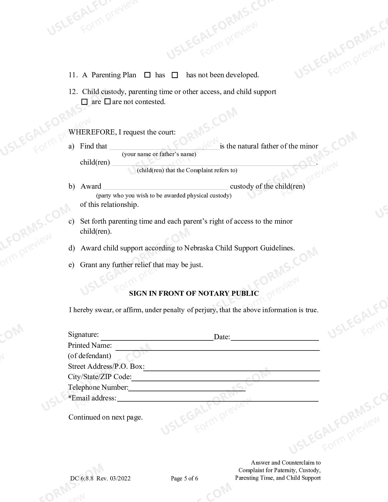 Preview Answer and Counterclaim to Complaint for Paternity, Custody, Parenting Time, and Child Support