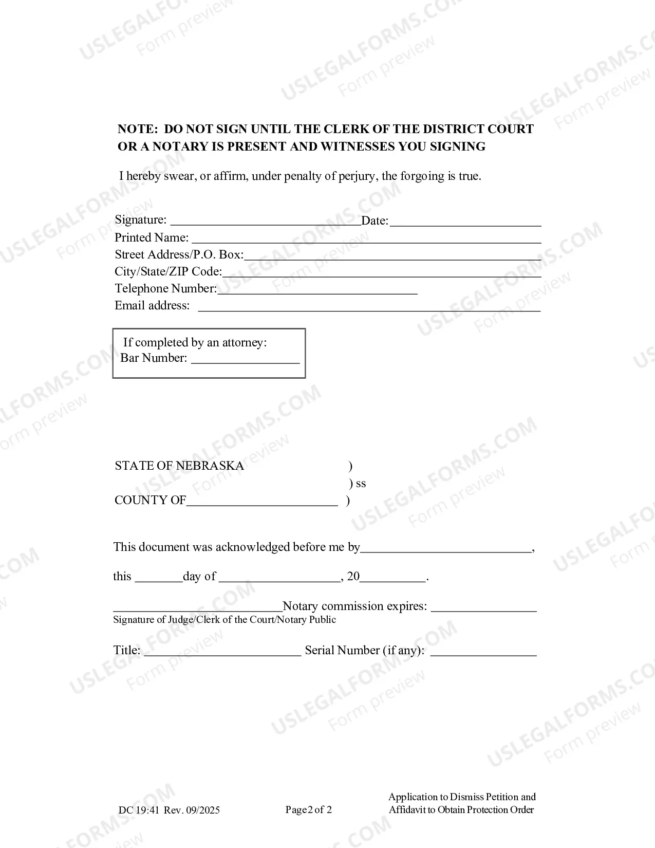 Preview Common to all protection types, Dismiss, Application to Dismiss Petition and Affidavit for Protection Order