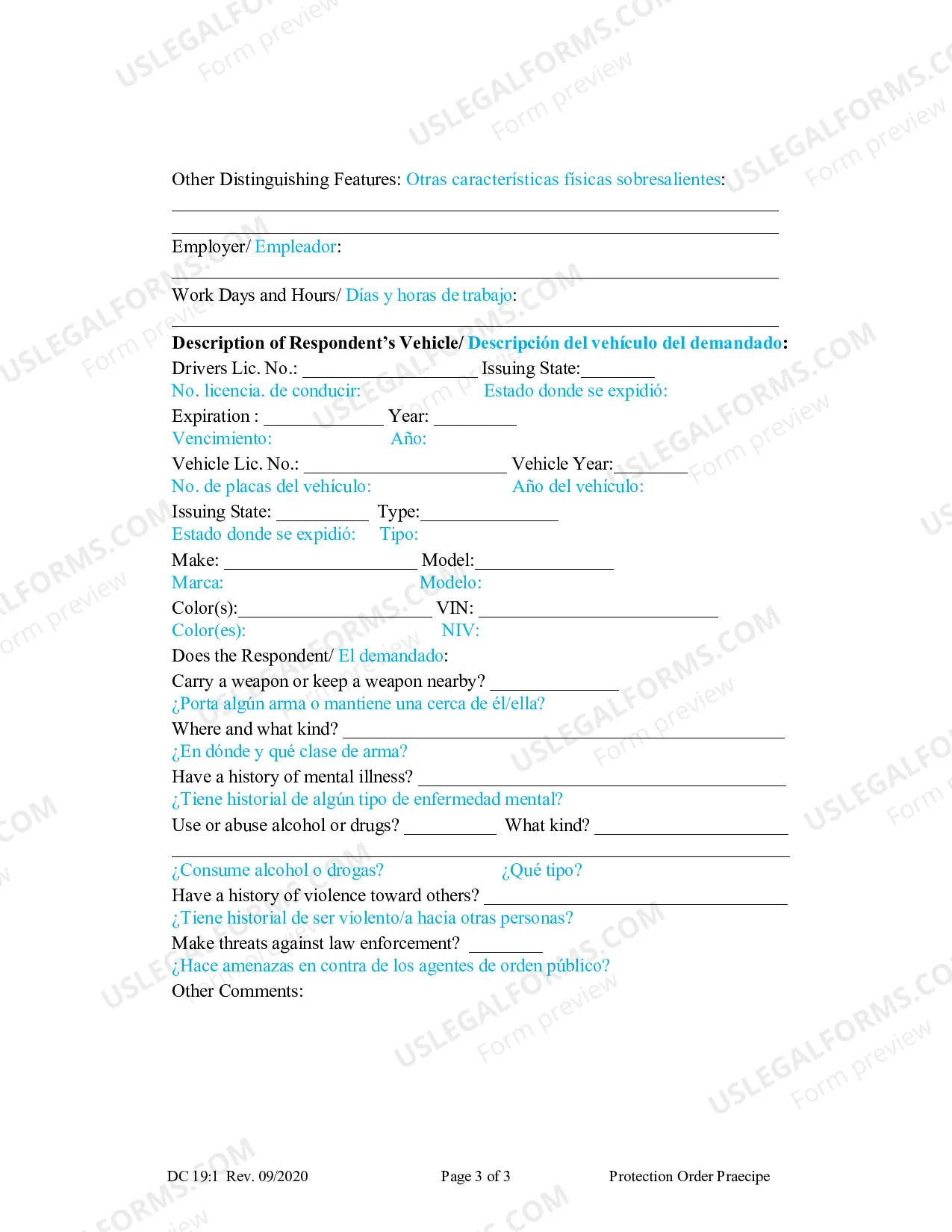 Preview Common to all protection types, Praecipe, Protection Order Praecipe (Spanish)