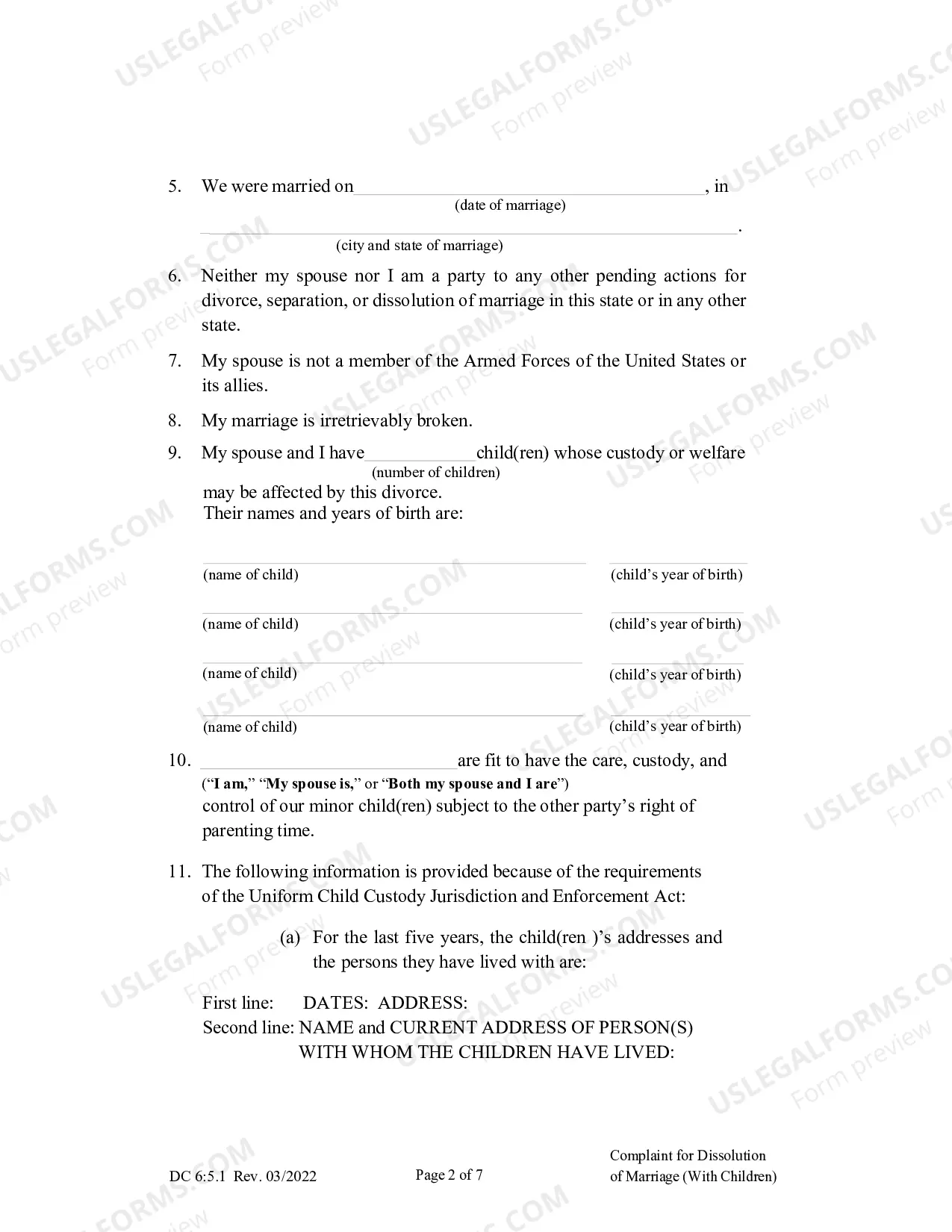 Preview Complaint for Dissolution of Marriage with Children (English)