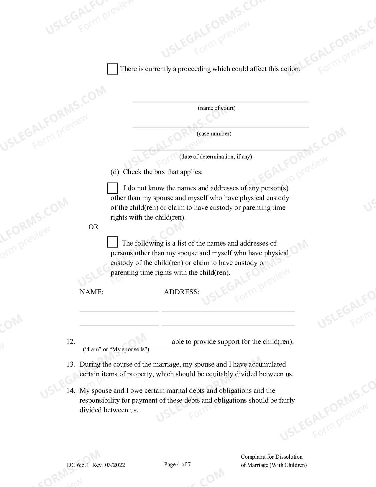 Preview Complaint for Dissolution of Marriage with Children (English)
