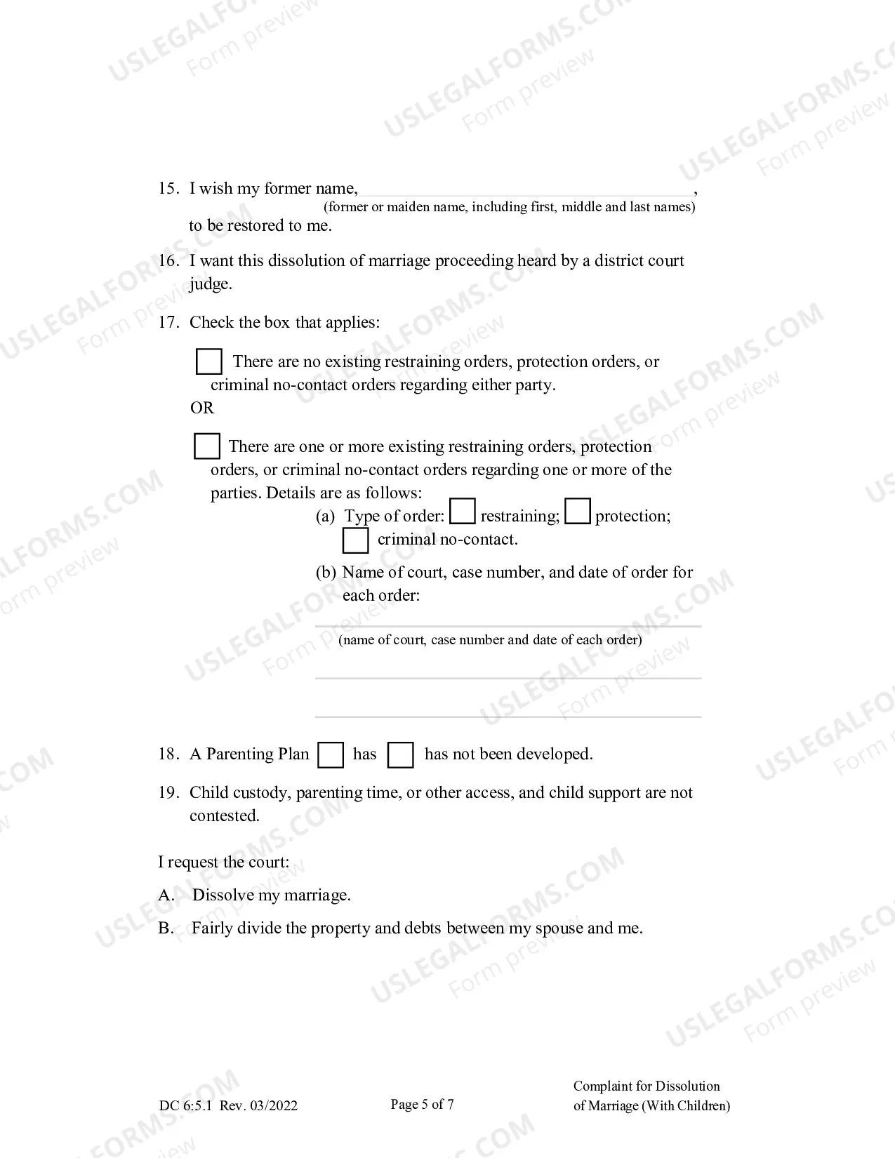 Preview Complaint for Dissolution of Marriage with Children (English)