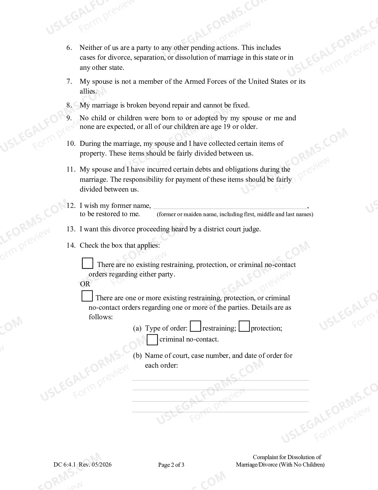 Preview Complaint for Dissolution of Marriage without Children