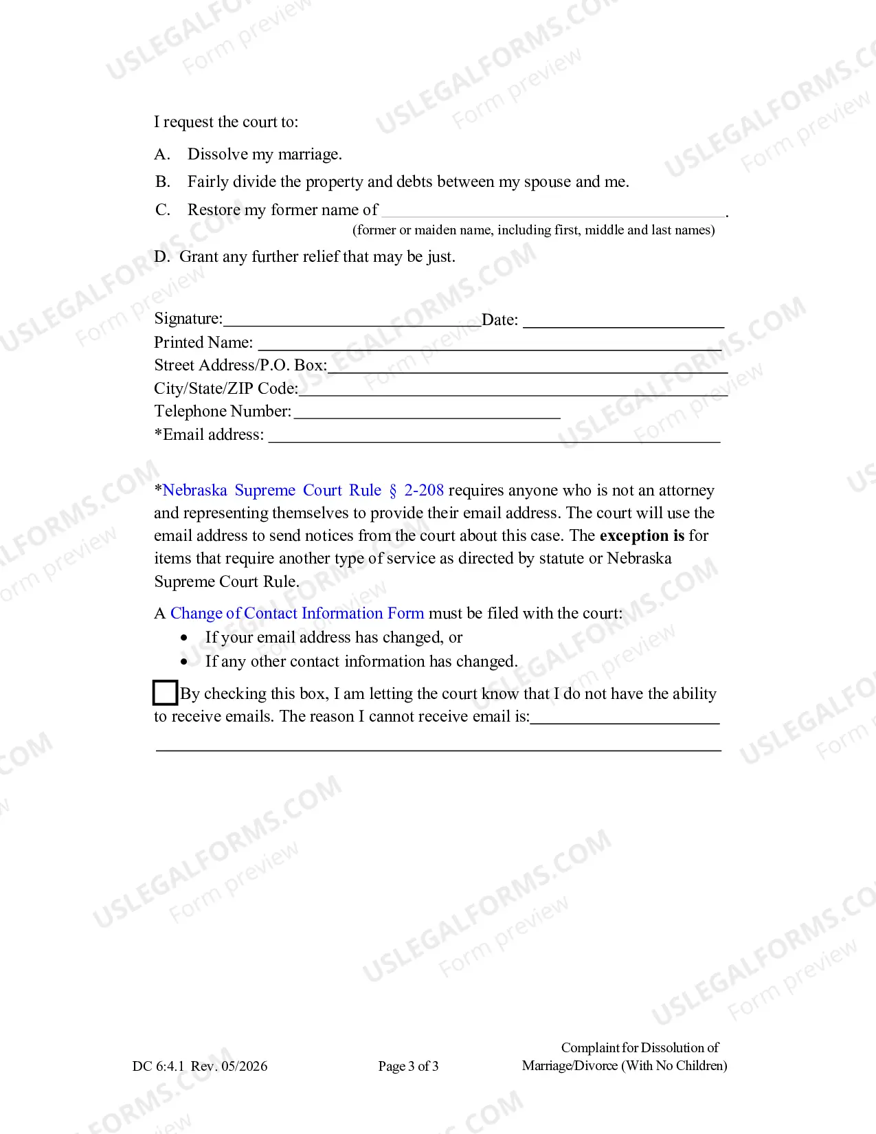 Preview Complaint for Dissolution of Marriage without Children
