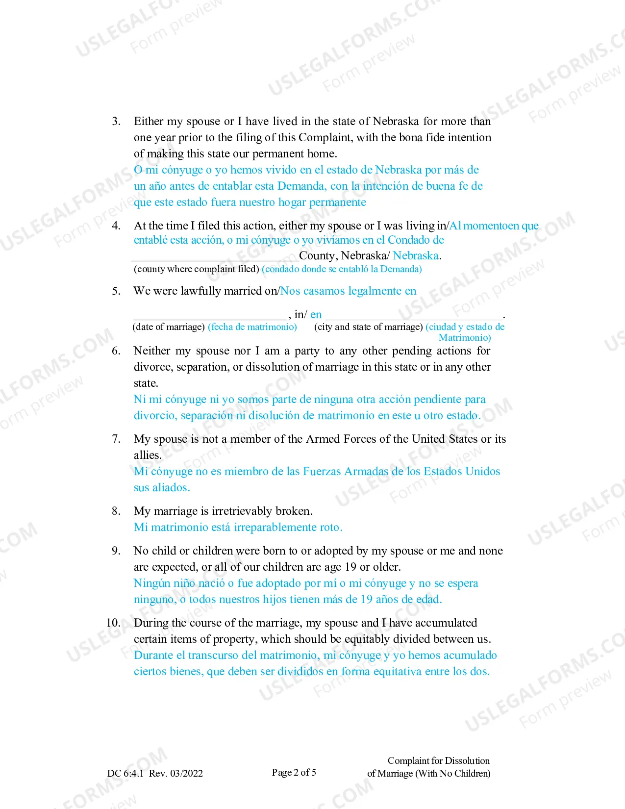 Preview Complaint for Dissolution of Marriage without Children (Spanish)