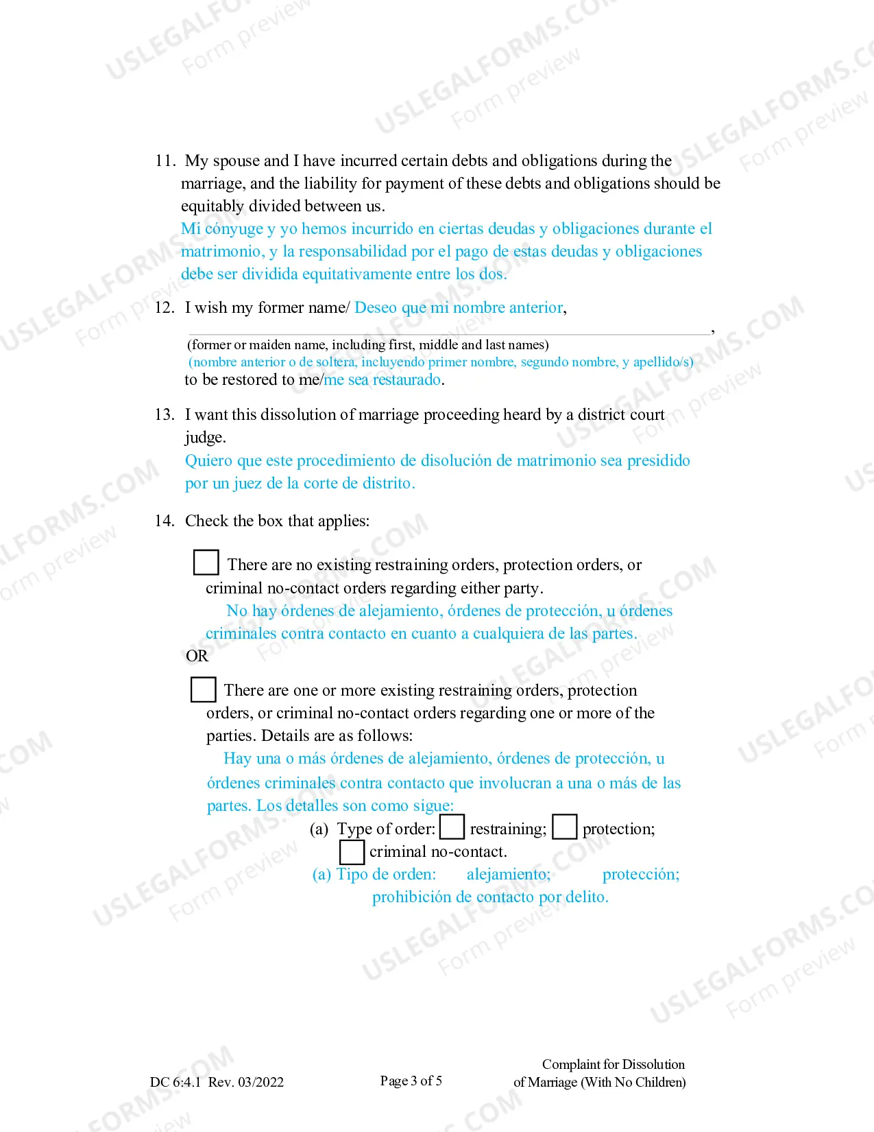 Preview Complaint for Dissolution of Marriage without Children (Spanish)