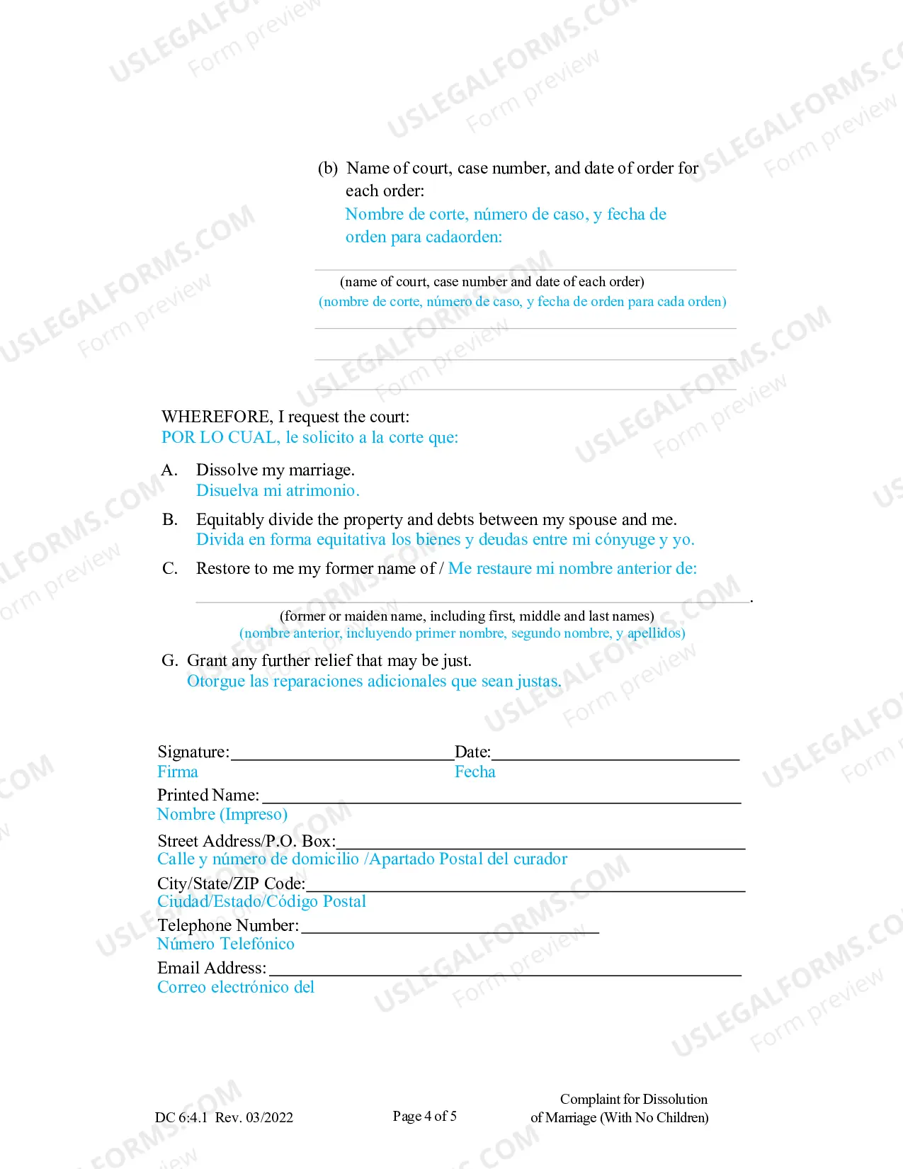 Preview Complaint for Dissolution of Marriage without Children (Spanish)