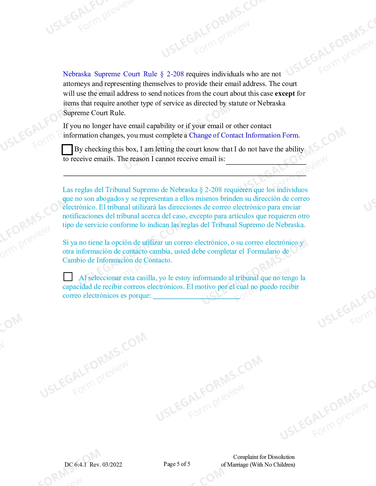 Preview Complaint for Dissolution of Marriage without Children (Spanish)