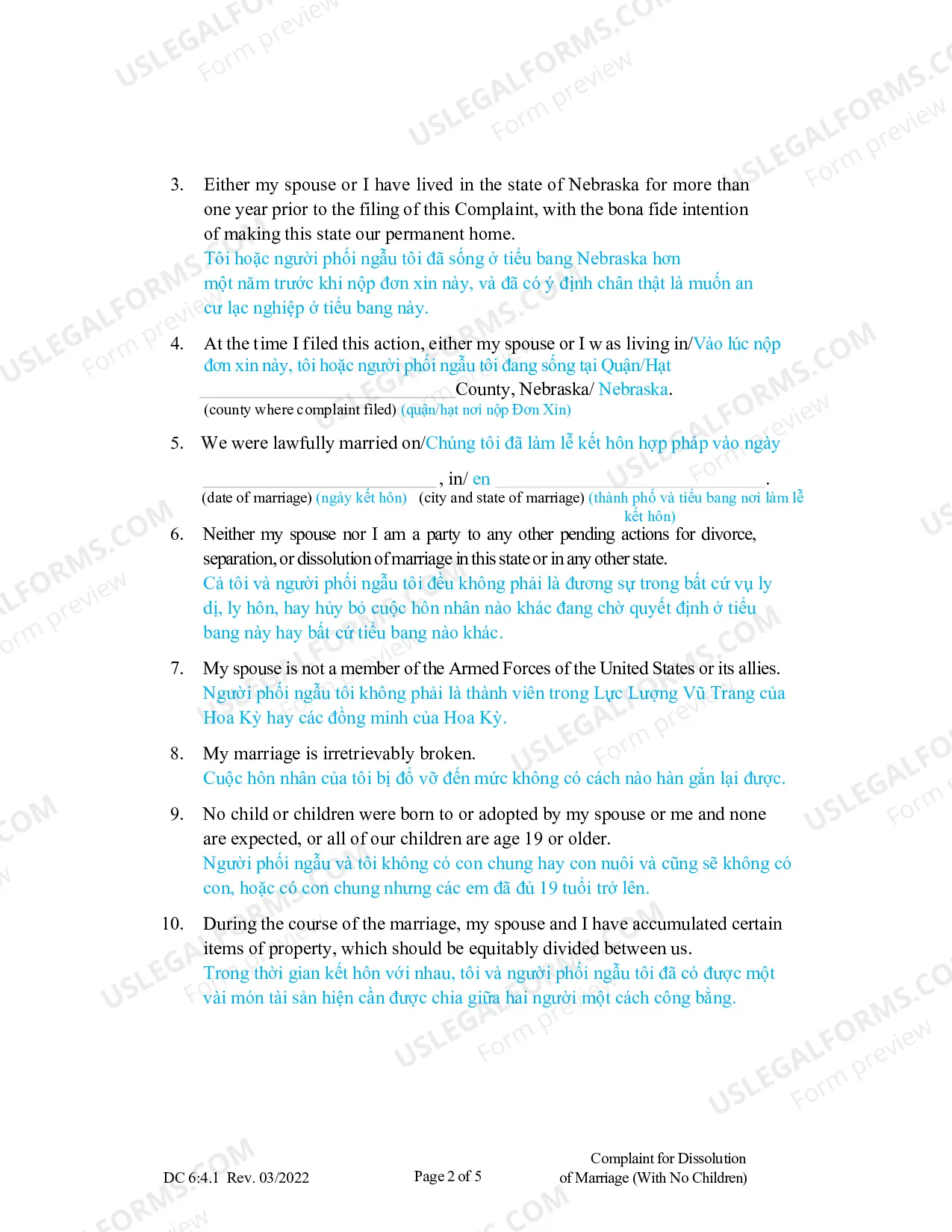 Preview Complaint for Dissolution of Marriage without Children (Vietnamese)