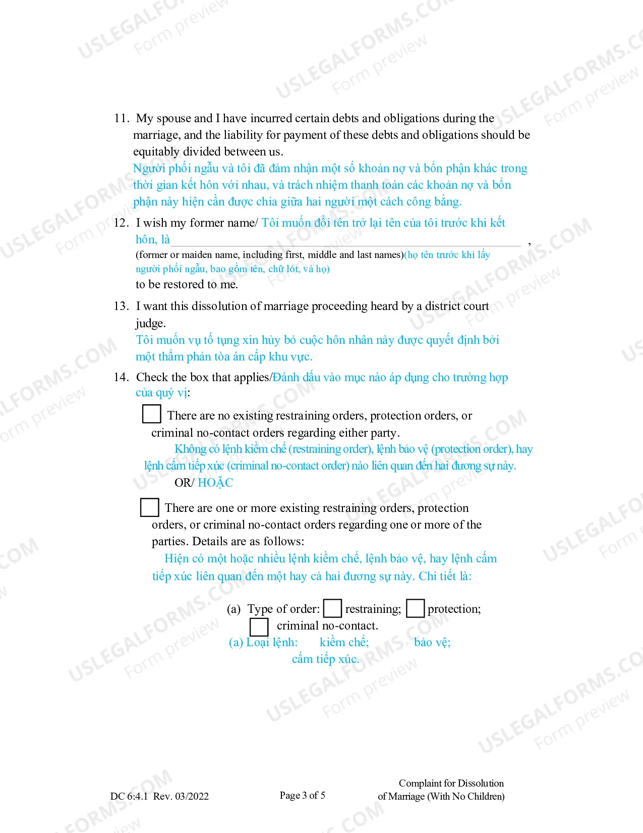 Preview Complaint for Dissolution of Marriage without Children (Vietnamese)