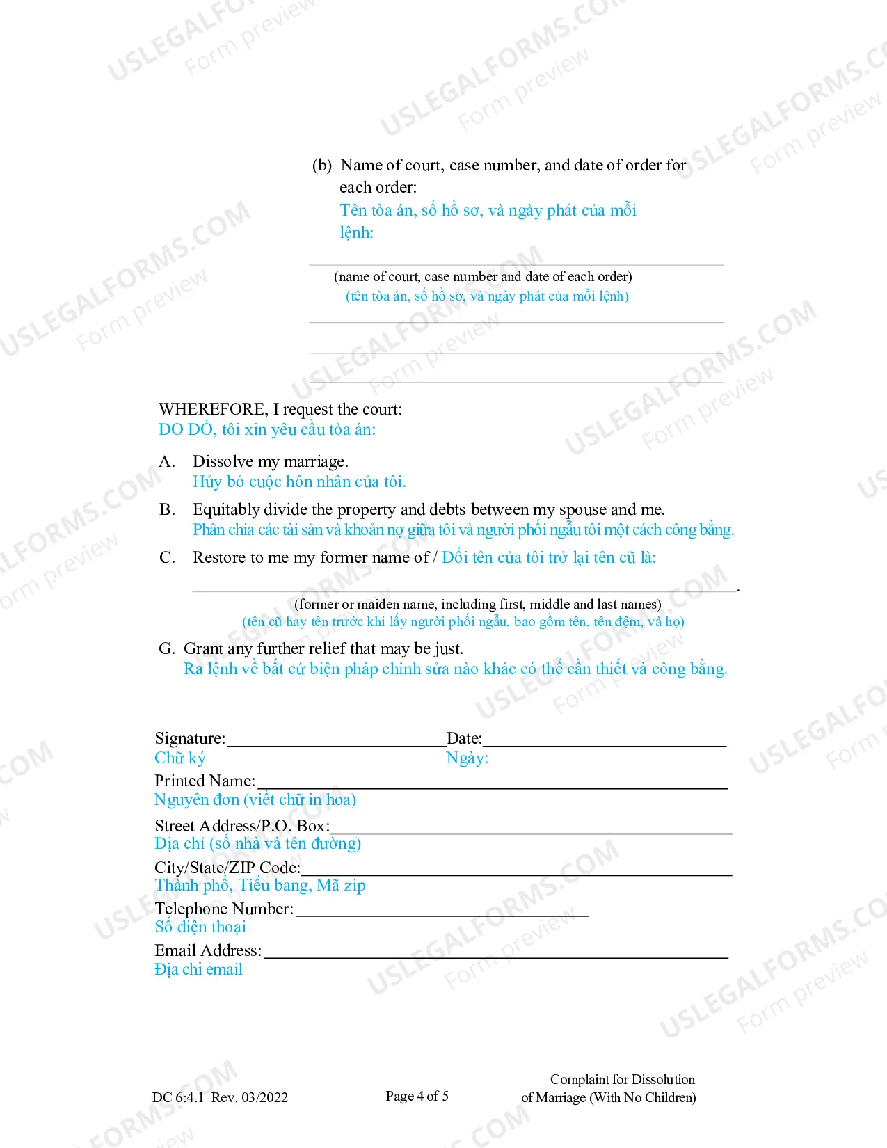 Preview Complaint for Dissolution of Marriage without Children (Vietnamese)