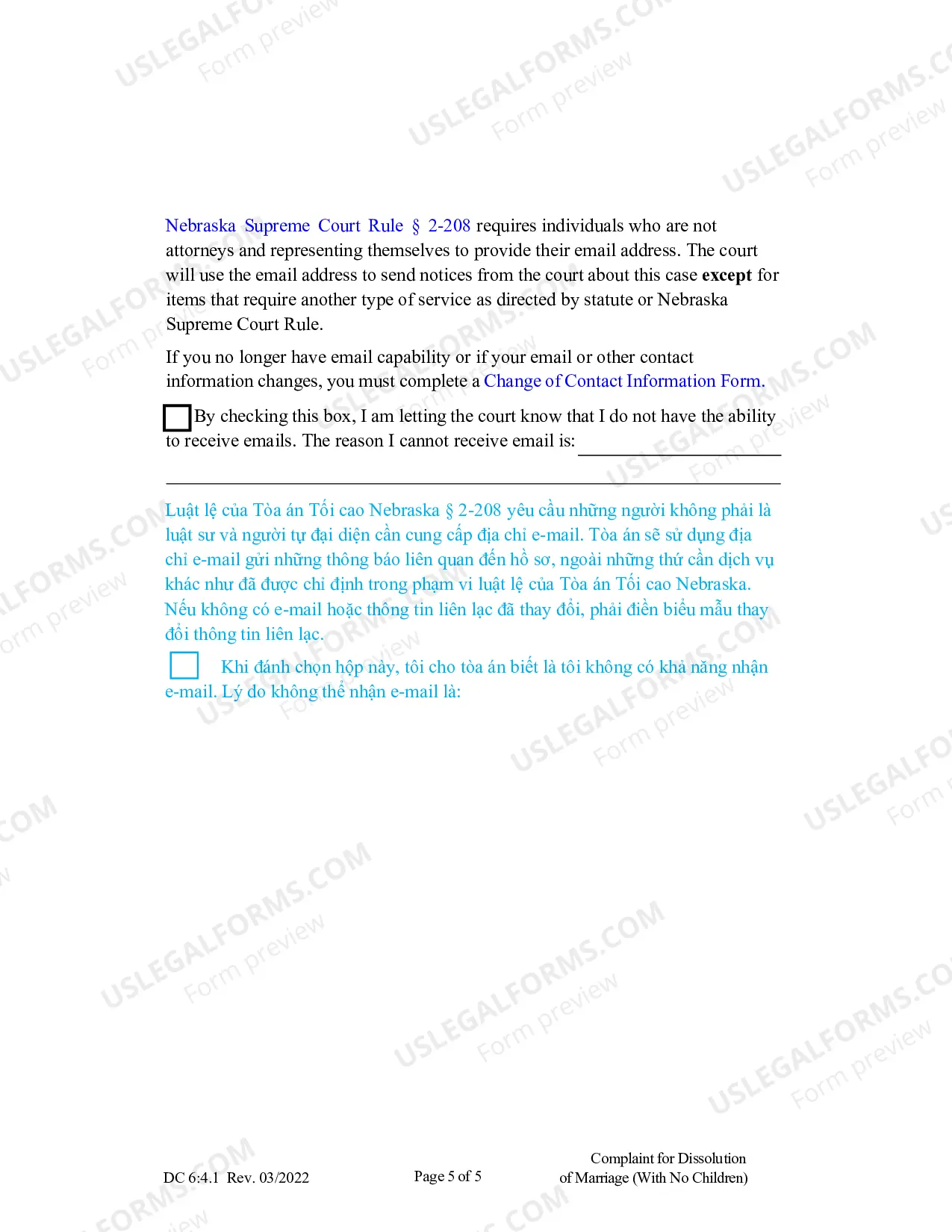 Preview Complaint for Dissolution of Marriage without Children (Vietnamese)