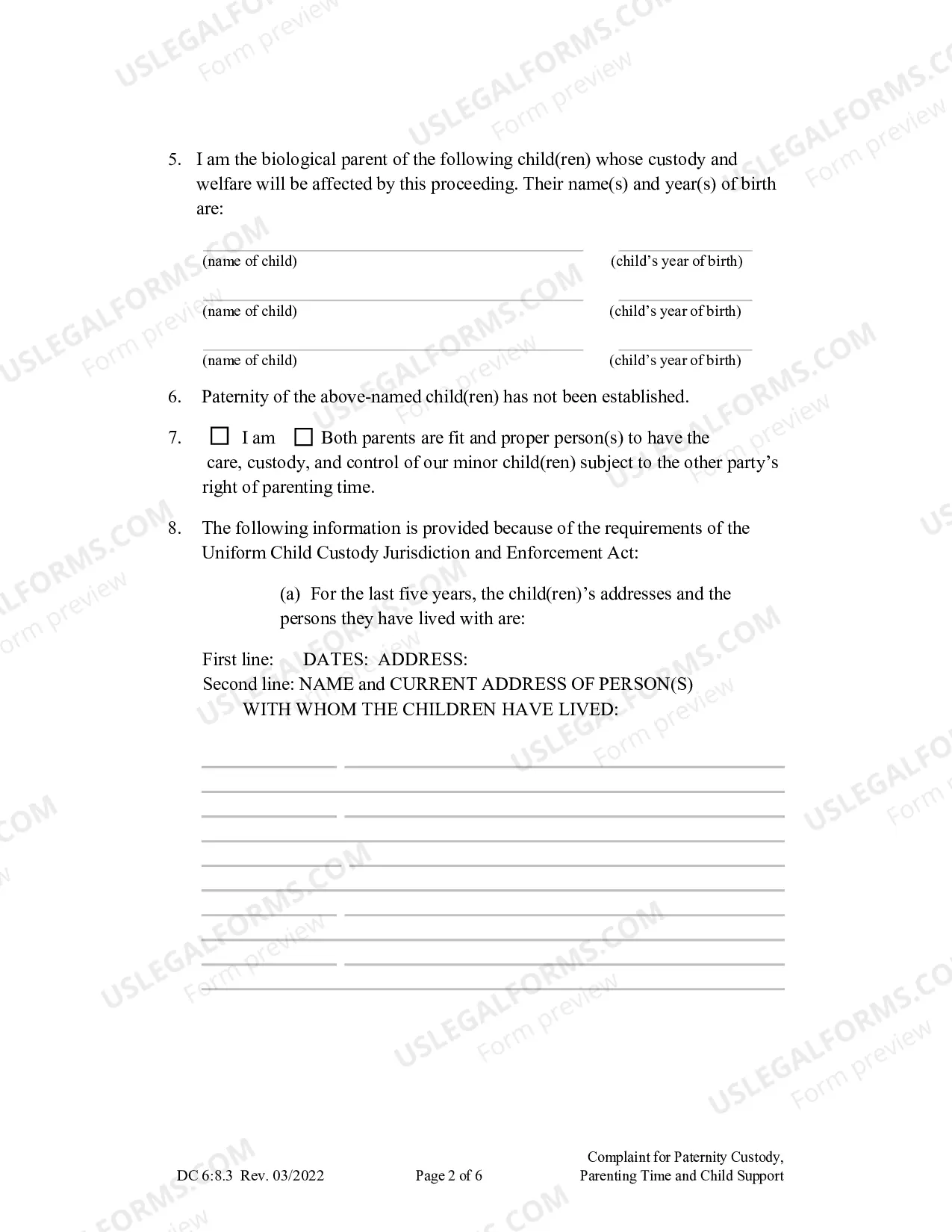 Preview Complaint for Paternity, Custody, Parenting Time, and Child Support